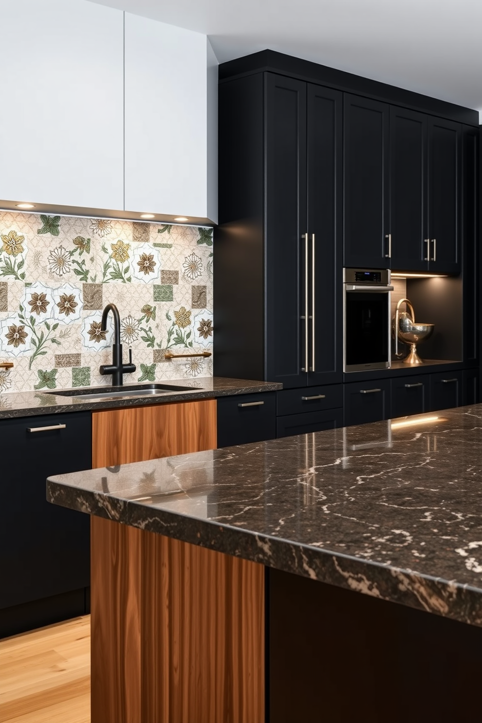 A modern kitchen featuring a large island with a textured stone countertop that contrasts with sleek cabinetry. The backsplash is adorned with colorful tiles, adding a vibrant touch to the overall design. Incorporate a mix of materials such as wood and metal to create depth and character. Soft ambient lighting highlights the unique textures, making the space inviting and functional.