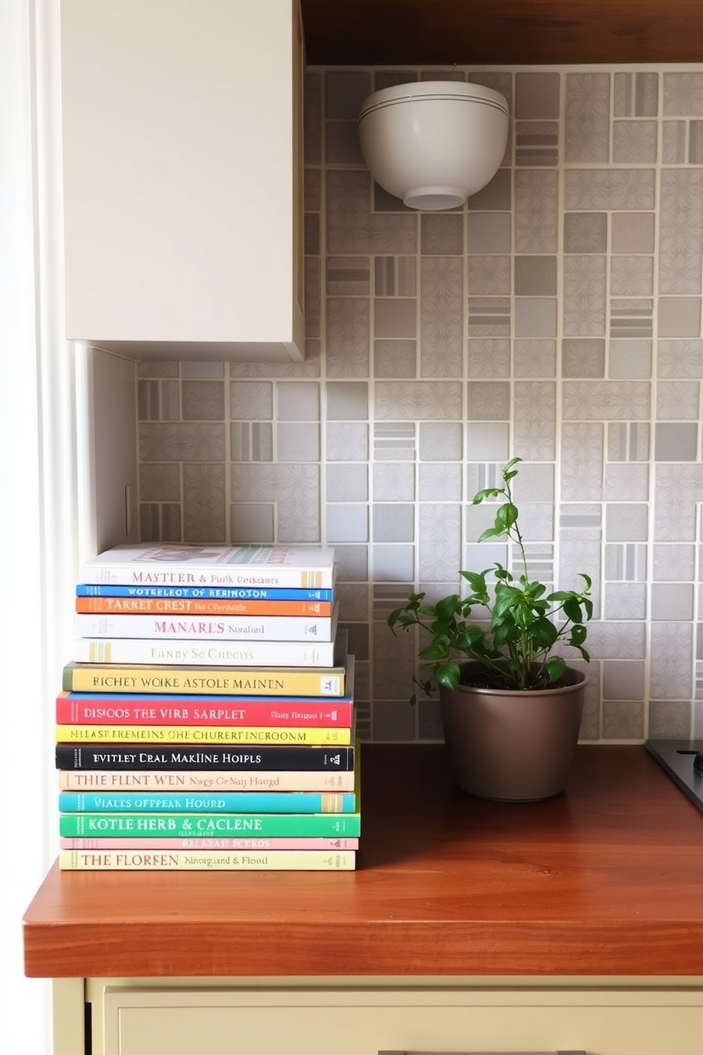 A warm and inviting kitchen countertop showcasing an array of colorful cookbooks stacked neatly beside a potted herb plant. The countertop is made of rich wood, complemented by a stylish backsplash featuring intricate tile work in soft pastel colors.