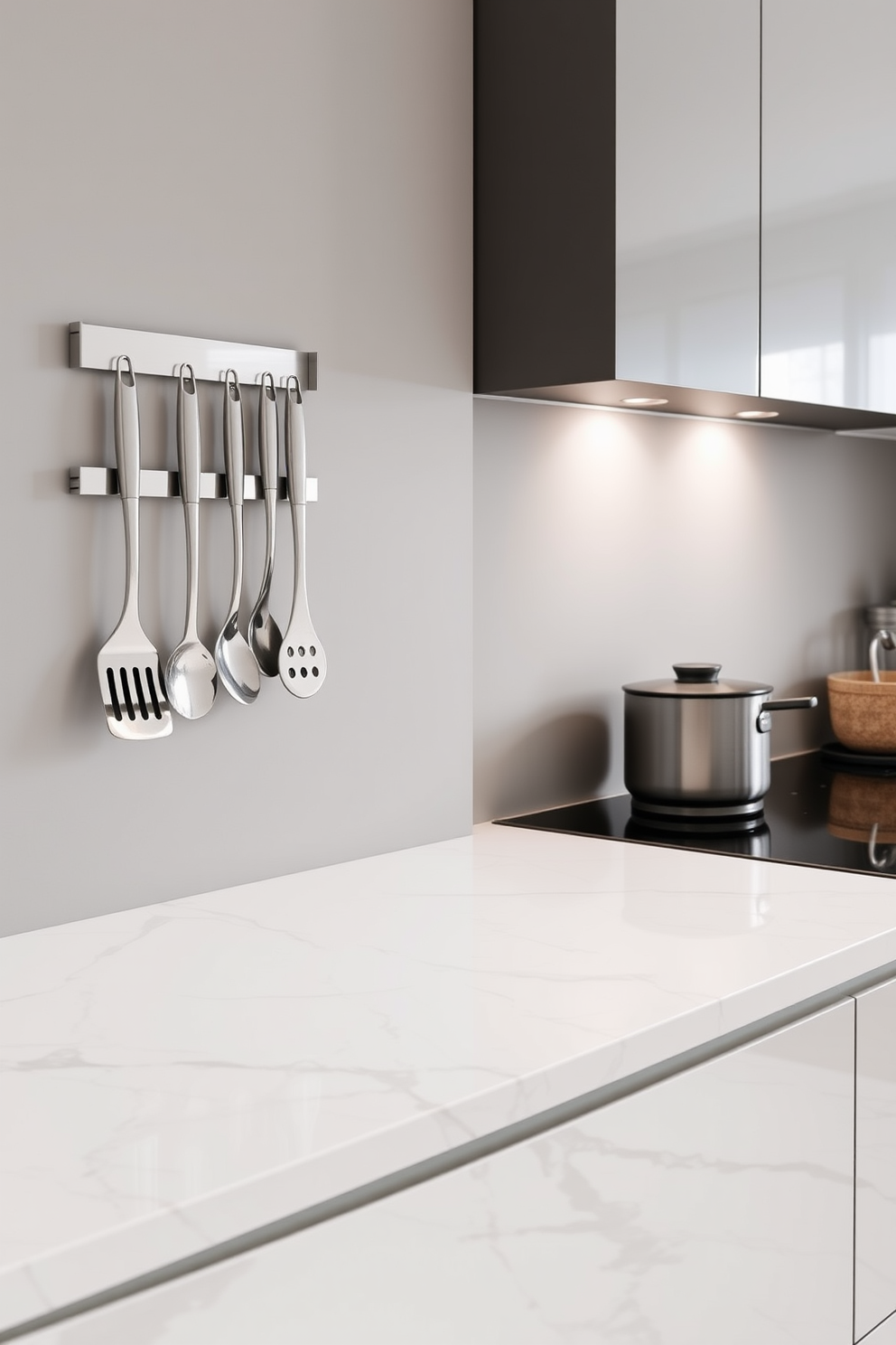 A modern kitchen featuring sleek wall-mounted racks for utensils. The countertop is made of polished quartz with a subtle veining pattern, providing both elegance and durability.