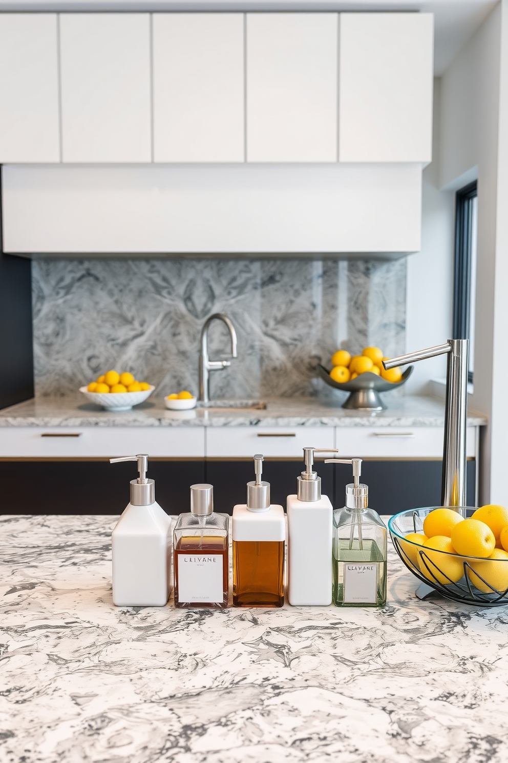 Stylish soap dispensers for functional decor. Imagine a sleek and modern kitchen countertop adorned with elegant soap dispensers in various shapes and materials, adding a touch of sophistication to the space. Kitchen countertop design ideas. Picture a beautiful kitchen with a stunning granite countertop featuring intricate patterns, complemented by minimalist bar stools and vibrant fruit bowls that enhance the overall aesthetic.