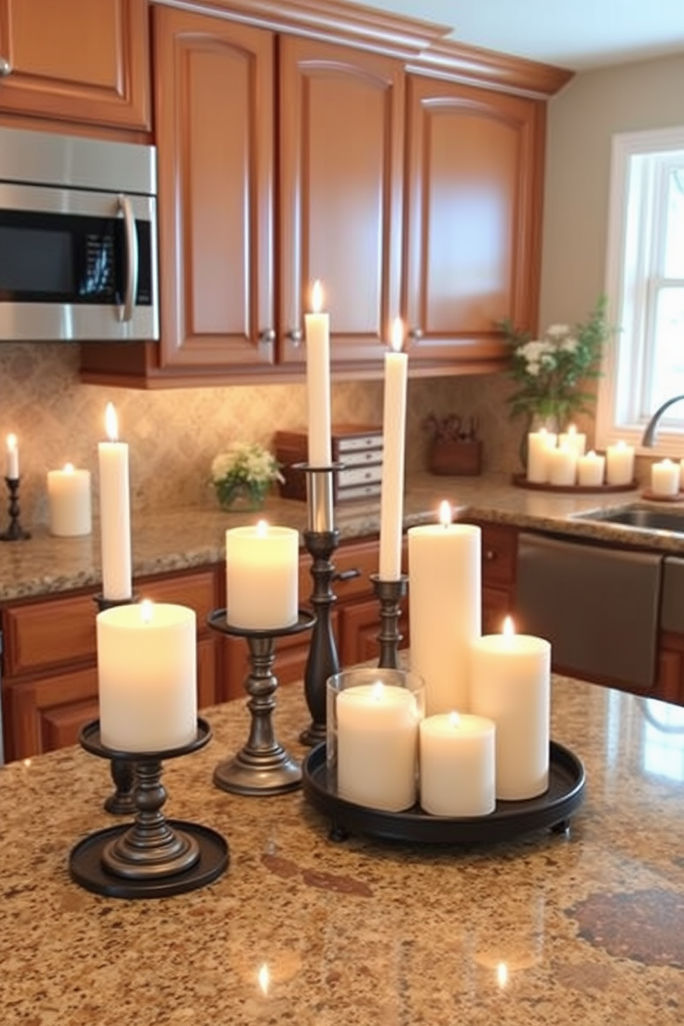 Create a cozy kitchen atmosphere filled with the soft glow of candles placed strategically around the space. The countertop features a stunning blend of natural stone with a rich texture that complements the warm wood cabinetry. Incorporate a variety of candle sizes and styles, from elegant taper candles in holders to rustic pillar candles grouped together. The overall design should evoke a sense of comfort and sophistication, inviting family and friends to gather and enjoy the space.