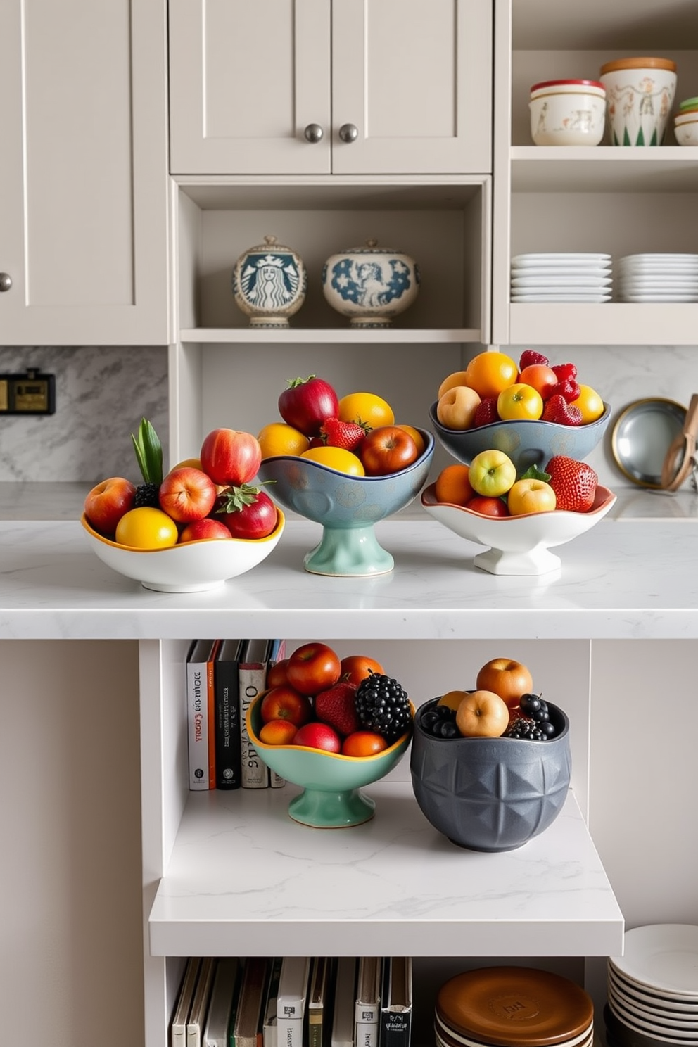 Artistic fruit bowls filled with a variety of vibrant fruits are placed strategically on the kitchen countertop. The bowls are crafted from ceramic in unique shapes and colors, adding a playful touch to the overall design. The kitchen countertop features a sleek quartz surface with subtle veining that complements the cabinetry. Underneath, open shelving displays an array of decorative cookbooks and stylish kitchenware, enhancing the visual appeal.