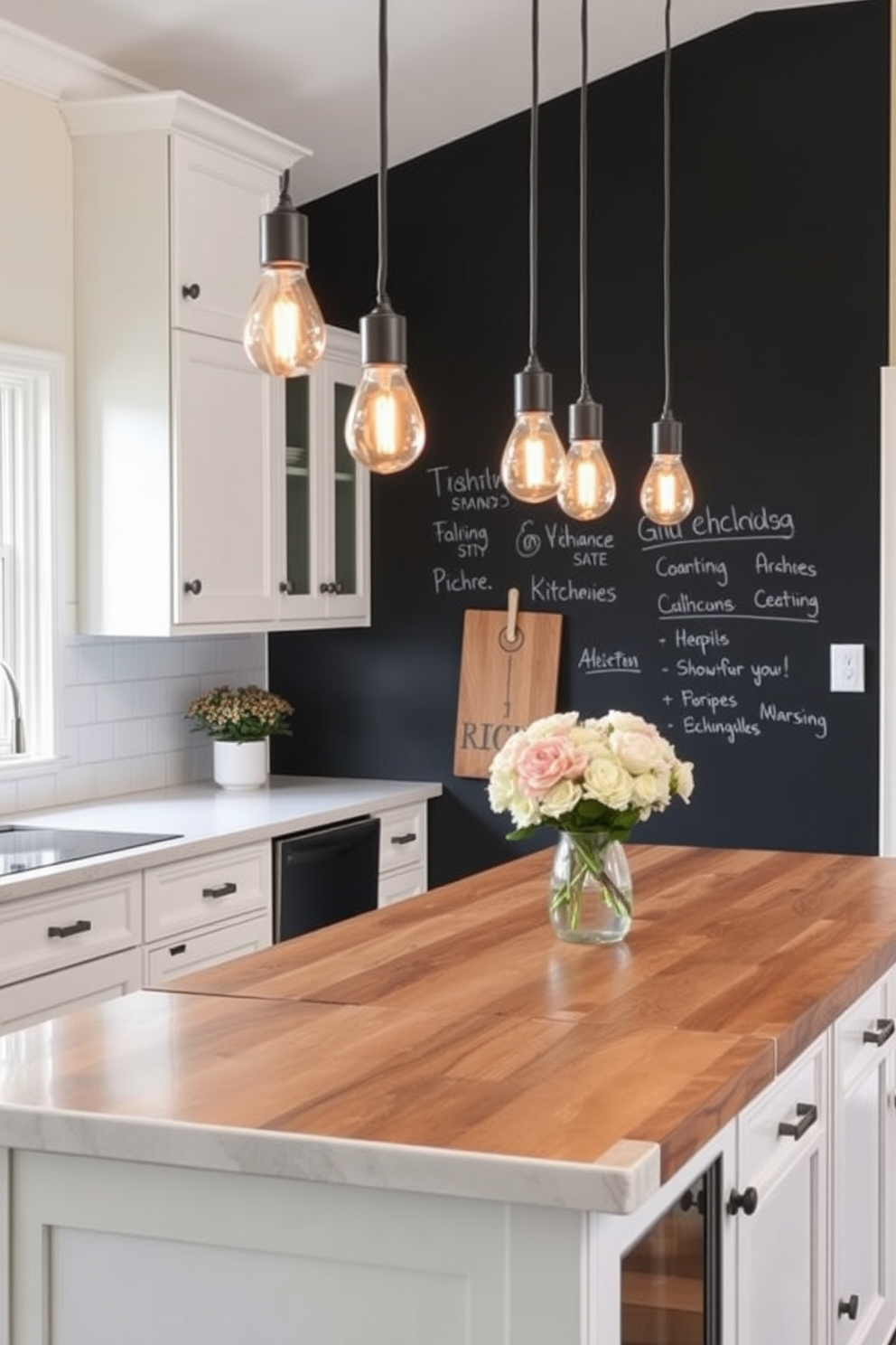 A rustic kitchen setting featuring reclaimed wood accents that evoke a vintage charm. The centerpiece is a large kitchen island topped with a distressed wood countertop, surrounded by high-back stools with leather upholstery. Hanging above the island are industrial-style pendant lights that add warmth to the space. The cabinetry is painted in a soft cream color, complemented by open shelving displaying vintage dishware and rustic decor.