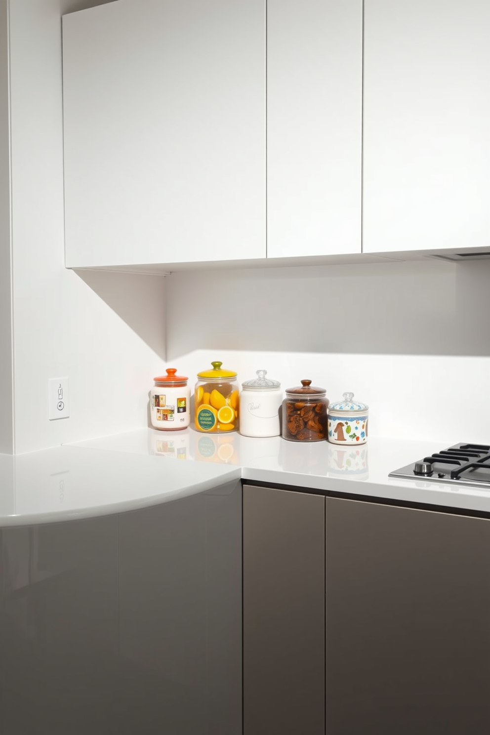 A modern kitchen countertop design featuring decorative jars as stylish storage solutions. The countertop is made of sleek quartz with a polished finish, complemented by a minimalist backsplash in a soft white hue. On one side, an arrangement of colorful ceramic jars adds a pop of personality and organization. The overall aesthetic is clean and functional, with ample space for meal preparation and entertaining.