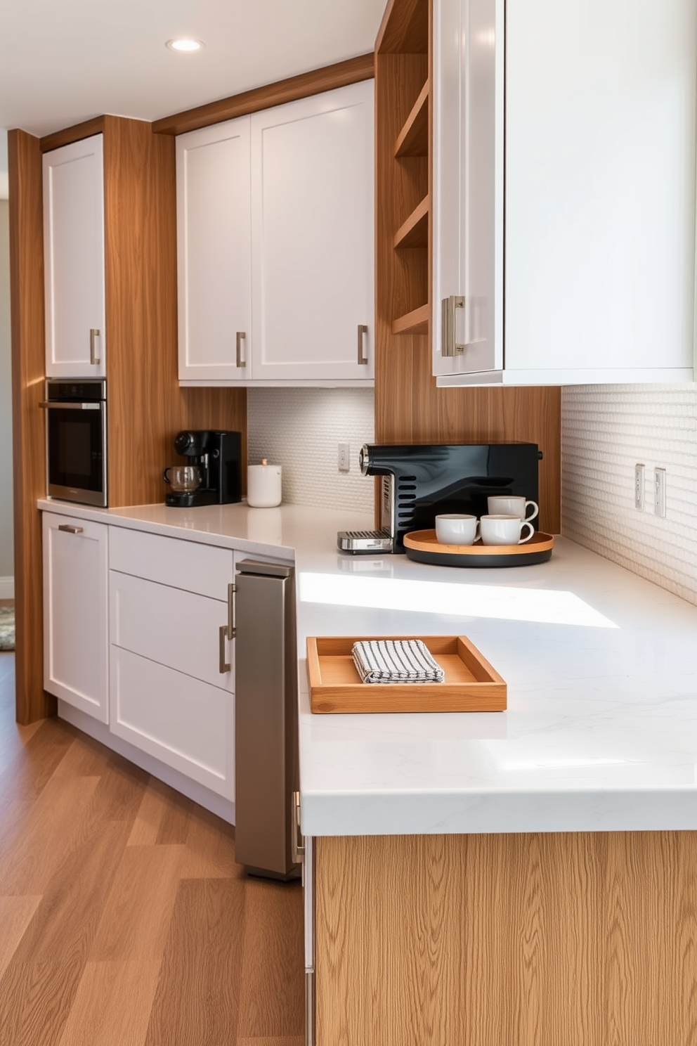 A modern kitchen featuring a spacious countertop with a sleek quartz surface. The countertop is adorned with a stylish coffee station, complete with an espresso machine, mugs, and a decorative tray. Bright white cabinetry contrasts beautifully with the warm wood accents throughout the space. A subtle backsplash of textured tiles adds depth and interest to the overall design.