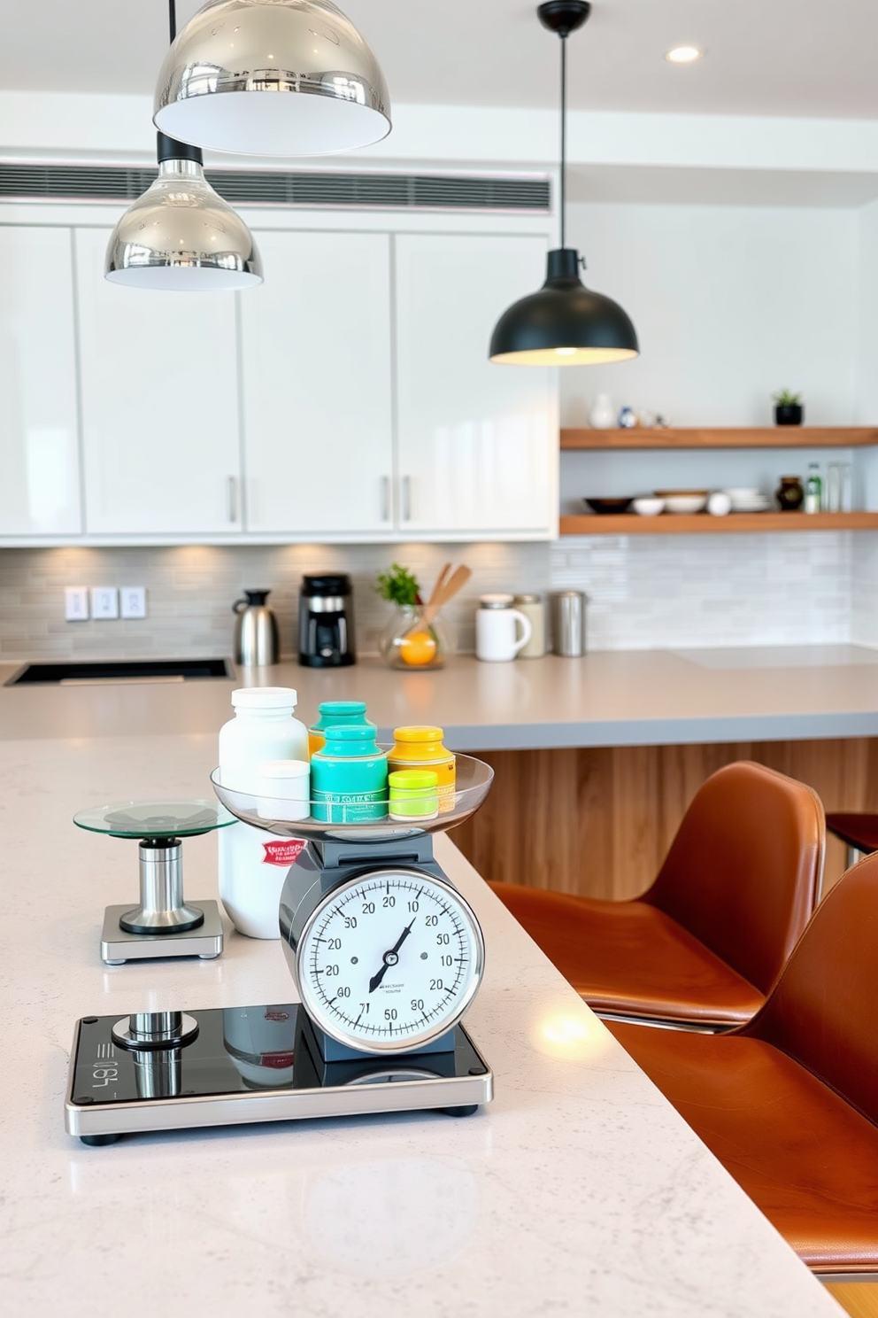 Stylish kitchen scales for practical decor. The scales are made of sleek stainless steel with a glass surface, positioned next to a collection of colorful ceramic canisters on a wooden countertop. Kitchen countertop design ideas. The countertop features a seamless quartz surface in a light gray hue, complemented by modern pendant lights hanging above and bar stools with leather upholstery on one side.