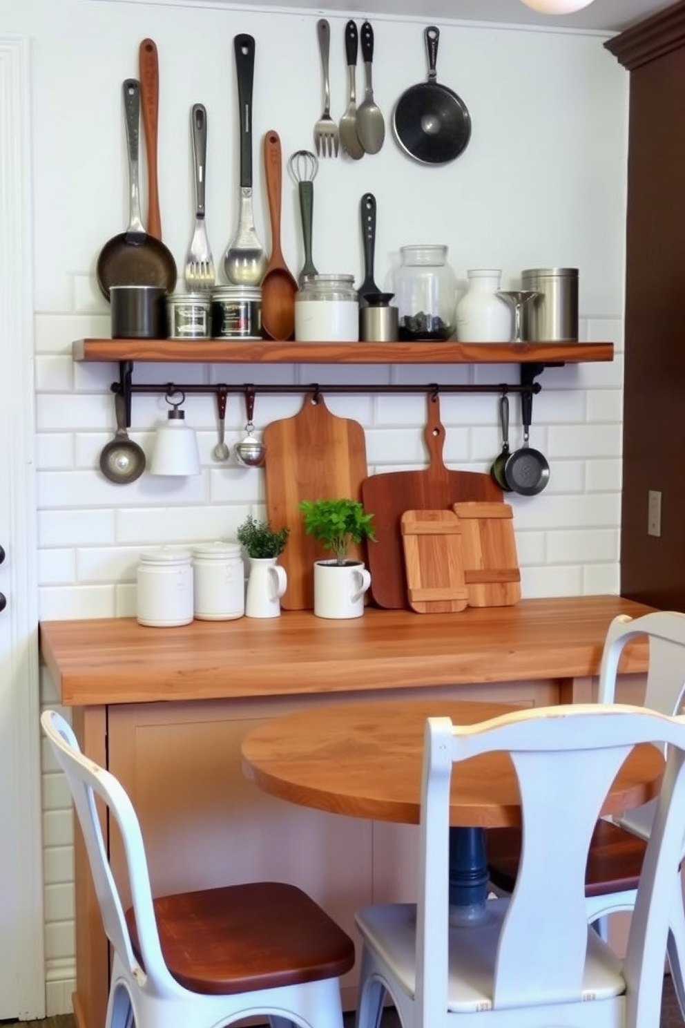 A charming kitchen setting featuring an array of vintage kitchen tools displayed on a rustic wooden shelf. The countertop is designed with a warm butcher block finish, complemented by ceramic jars and a small potted herb plant for a touch of greenery. The backsplash is adorned with classic white subway tiles, adding a timeless appeal to the space. A cozy breakfast nook with a round table and mismatched chairs invites casual dining and conversation.