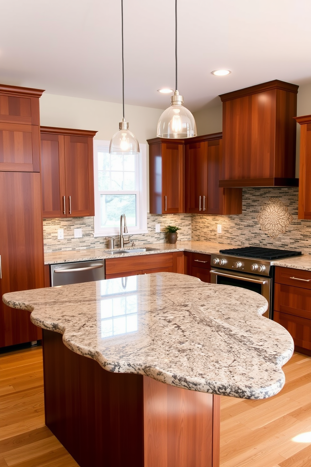 A modern kitchen featuring a stunning granite countertop that combines durability with elegance. The countertop is complemented by sleek cabinetry in a rich wood finish, creating a warm and inviting atmosphere. The kitchen island showcases a large slab of granite with subtle veining, providing both functionality and aesthetic appeal. Pendant lights hang above the island, illuminating the space and enhancing the overall design.