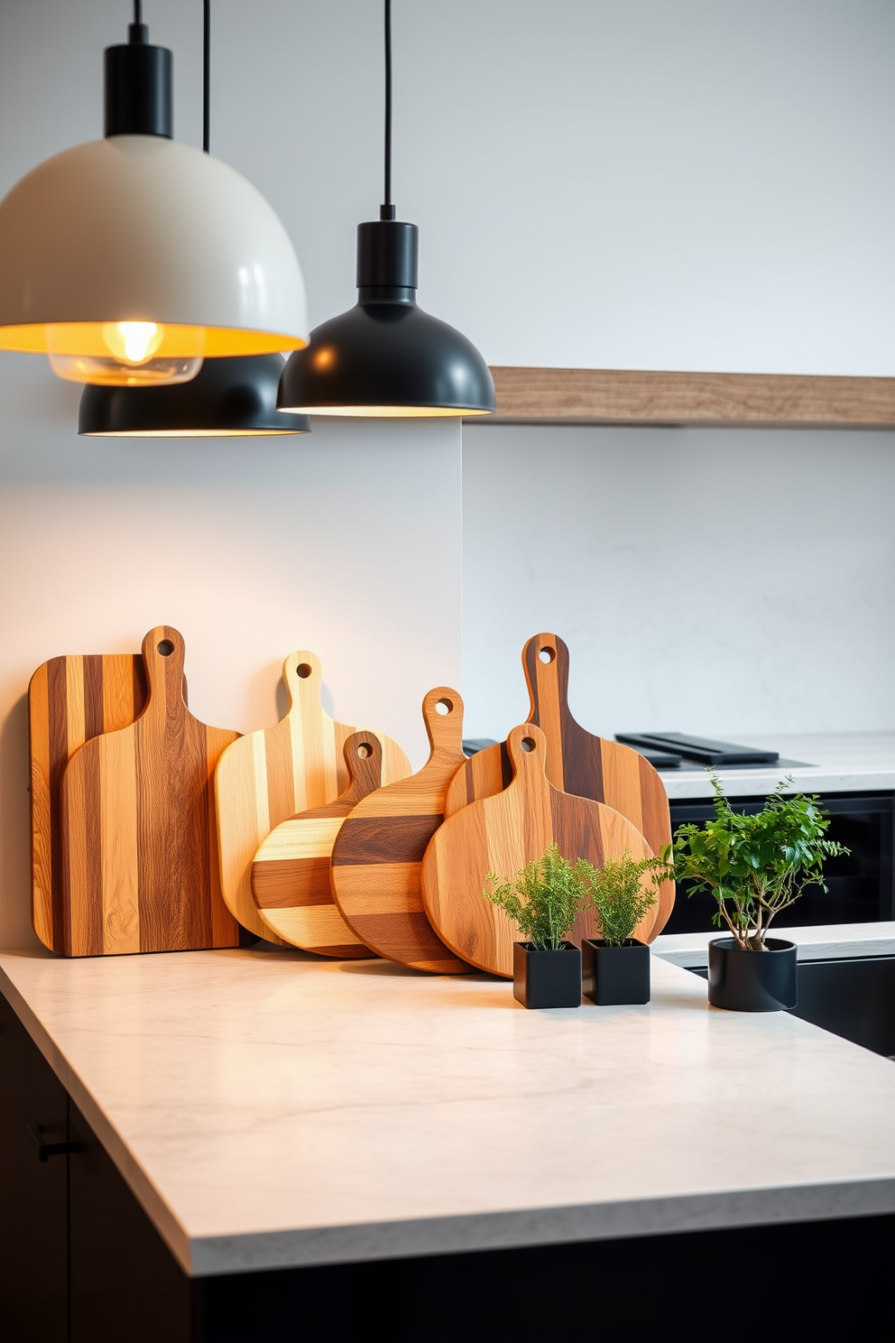 A modern kitchen countertop featuring a sleek design with natural stone material. The countertop is adorned with wooden cutting boards arranged artfully, showcasing different sizes and textures for visual interest. Above the countertop, stylish pendant lights illuminate the space, casting a warm glow. Fresh herbs in small pots are placed next to the cutting boards, adding a touch of greenery and freshness to the design.