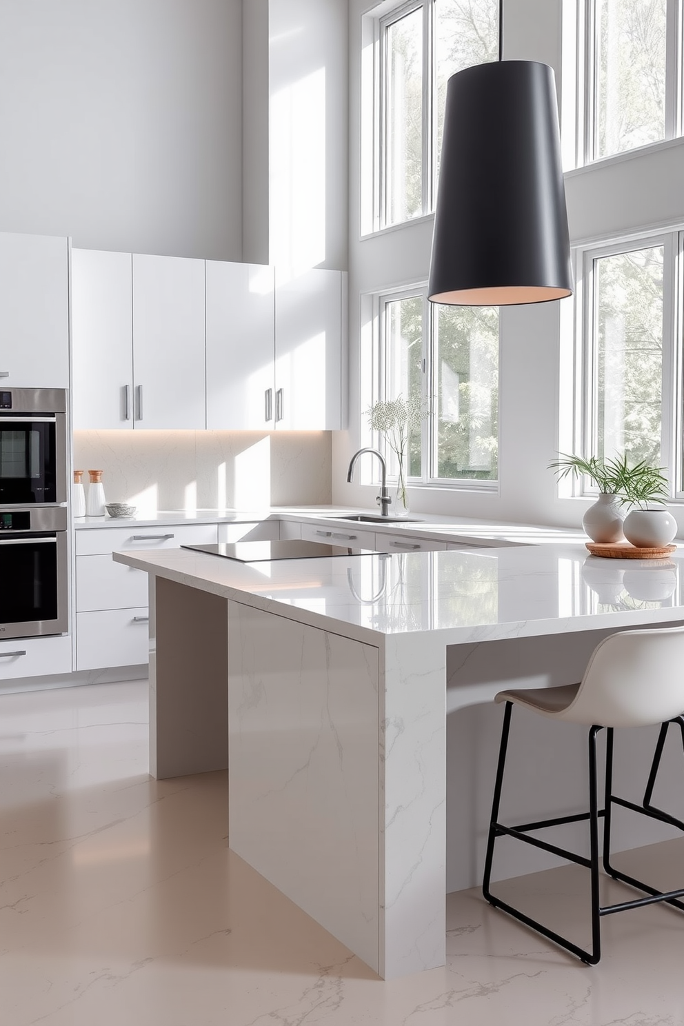 A sleek kitchen design featuring a large island with a stunning marble countertop that serves as the centerpiece. Surrounding the island are high-backed stools upholstered in a soft fabric, creating a cozy yet elegant dining space. The cabinetry is a rich navy blue, contrasting beautifully with the white marble that has subtle gray veining. Soft ambient lighting is installed under the cabinets, highlighting the countertop and enhancing the overall warmth of the kitchen.