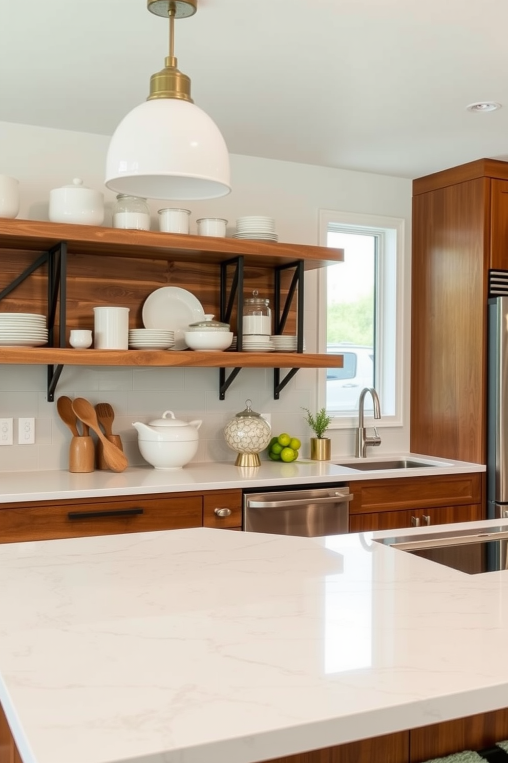 A modern kitchen featuring open shelving for easy access storage. The shelves are made of reclaimed wood and are filled with neatly organized dishes and decorative jars. The kitchen countertop is a stunning quartz surface with subtle veining. It complements the warm tones of the cabinetry and provides ample space for meal preparation and entertaining.