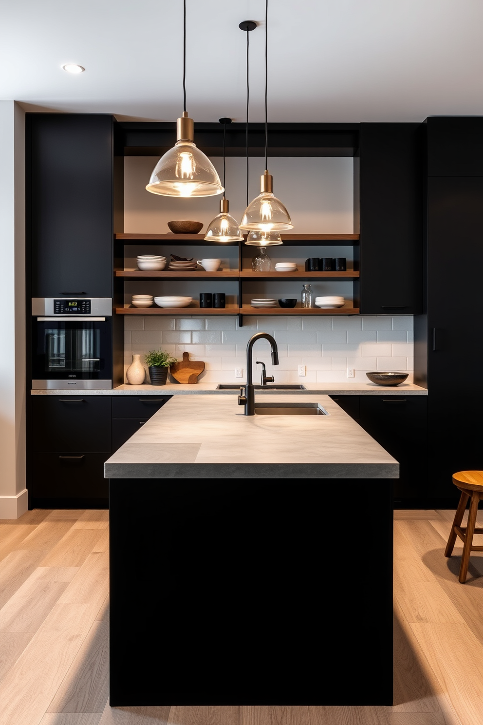 A contemporary kitchen featuring sleek concrete countertops that provide a modern aesthetic. The cabinetry is minimalist with clean lines, complemented by stainless steel appliances for a cohesive look.