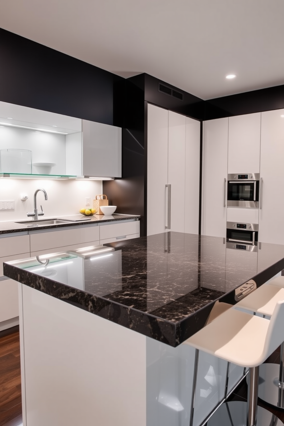 A modern kitchen featuring a terrazzo countertop with a unique speckled design that showcases a blend of vibrant colors. The cabinetry beneath the countertop is a sleek white, complementing the playful patterns of the terrazzo surface. In the background, stainless steel appliances add a touch of contemporary elegance. The kitchen is illuminated by pendant lights that hang above the countertop, creating a warm and inviting atmosphere.