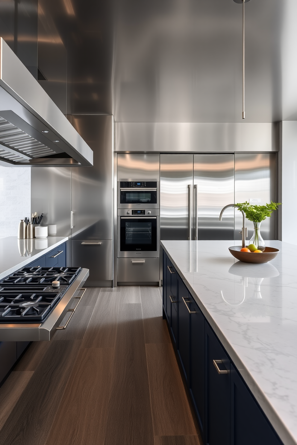 A sleek stainless steel kitchen with a professional ambiance. The countertops are polished and spacious, providing ample room for meal preparation and cooking. Modern kitchen design features a large island topped with a striking quartz surface. Underneath, stylish cabinetry in a deep navy blue complements the overall aesthetic.