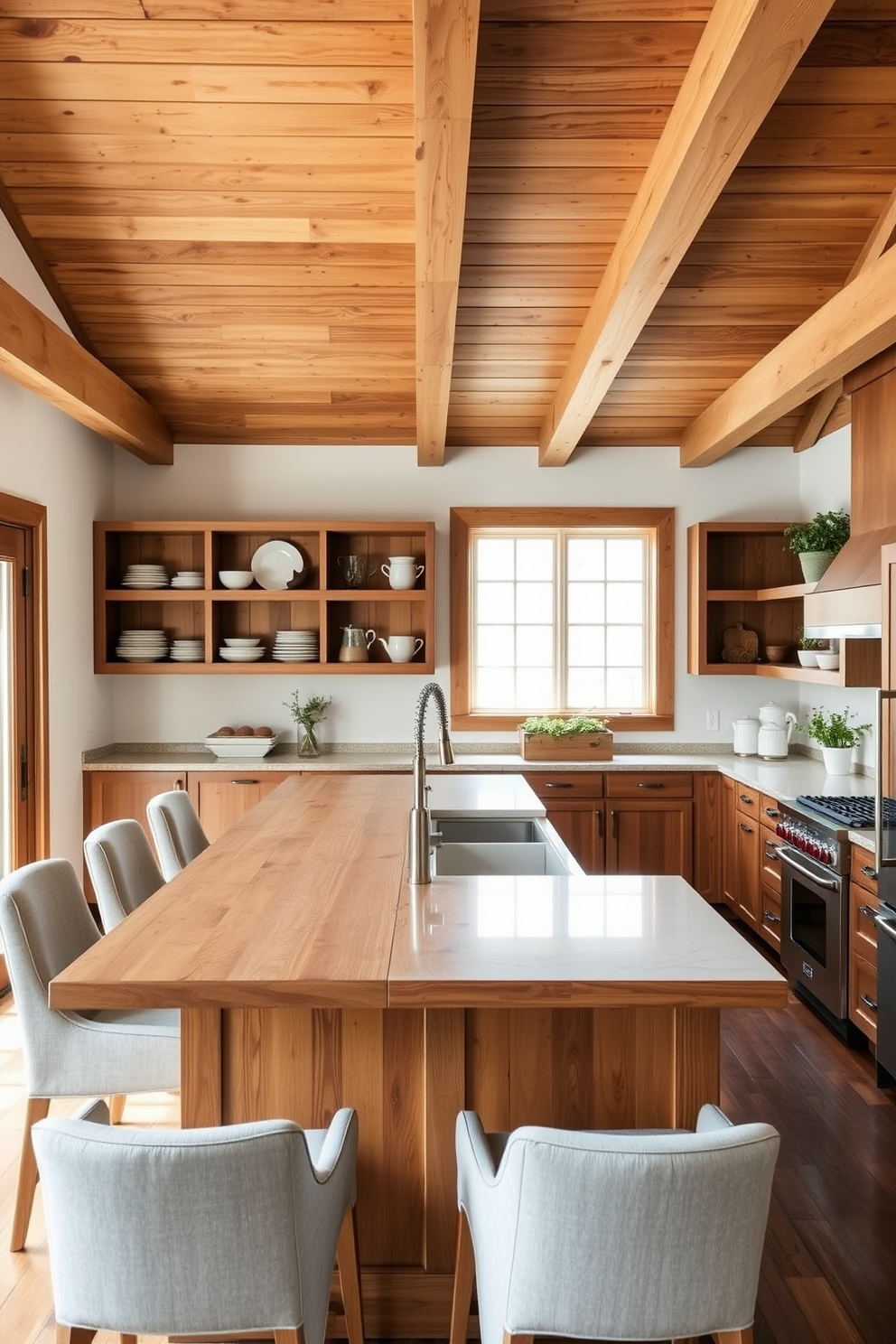 A modern farmhouse kitchen with rustic accents. The space features a large wooden island with a white quartz countertop, surrounded by high-backed stools in a soft gray fabric. Exposed wooden beams stretch across the ceiling, complementing the warm, neutral color palette of the walls. A farmhouse sink is set into the island, flanked by open shelving displaying vintage dishware and potted herbs.