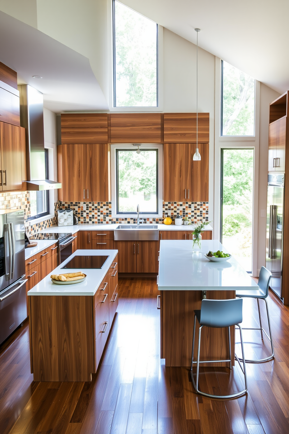 A modern kitchen featuring a large multi-functional island that serves as both a preparation area and a casual dining space. The island is equipped with built-in storage and sleek bar stools, complementing the surrounding cabinetry and stainless steel appliances. Natural light floods the room through large windows, highlighting the warm wood tones and contrasting white countertops. The backsplash features colorful tiles that add a pop of personality to the overall design.