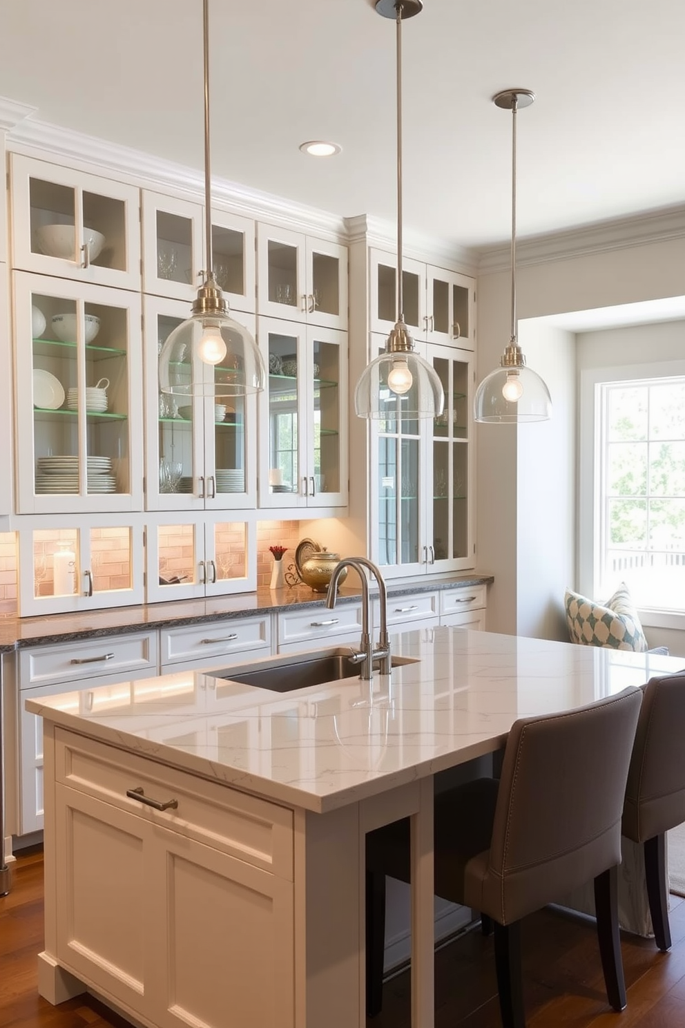 A modern kitchen featuring glass cabinet doors that elegantly showcase fine china and glassware. The cabinetry is a sleek white with brushed nickel hardware, complemented by a spacious island topped with a striking quartz countertop. The kitchen is illuminated by pendant lights hanging above the island, casting a warm glow over the space. A cozy breakfast nook with upholstered seating is situated by a large window, inviting natural light into the room.