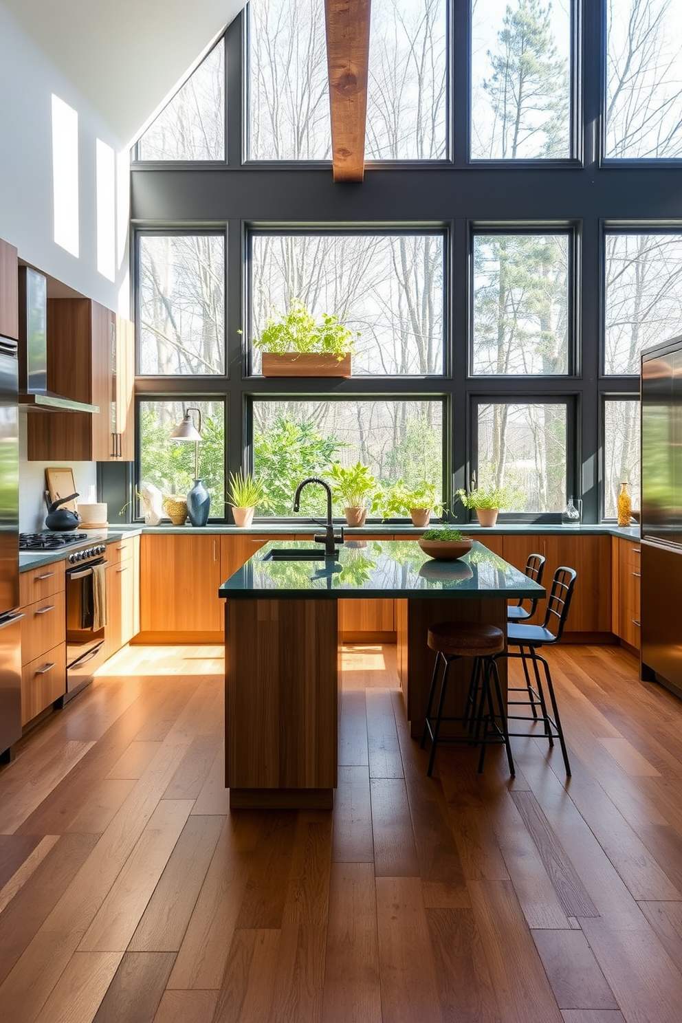 A classic black and white kitchen features sleek black cabinetry paired with white marble countertops. The backsplash is adorned with white subway tiles, and a large farmhouse sink sits beneath a window framed by black window treatments. The kitchen island is topped with a glossy black surface and includes stylish bar stools with white cushions. Pendant lights with black shades hang above, illuminating the space and adding a touch of elegance.