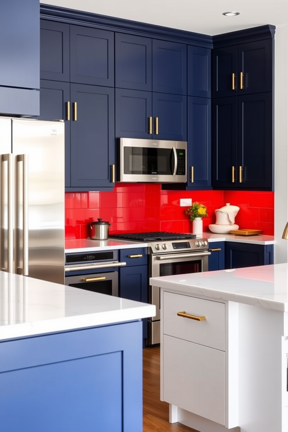 A modern kitchen featuring contrasting colors for dynamic appeal. The cabinets are a deep navy blue while the island is a crisp white with gold accents. Stainless steel appliances complement the bold color scheme. A vibrant red backsplash adds a pop of color and visual interest to the space.