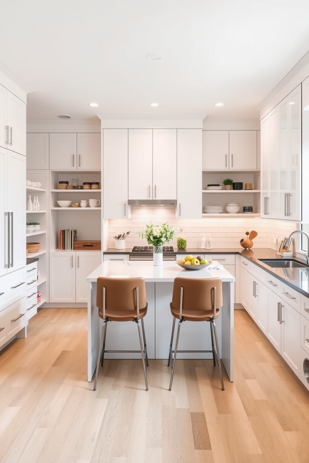 A modern kitchen space designed for efficiency and workflow. The layout features an open concept with an island in the center, equipped with bar stools for casual dining. The cabinetry is sleek and minimalist, finished in a soft white with brushed nickel handles. A spacious pantry is integrated into the design, providing ample storage for kitchen essentials and reducing clutter.