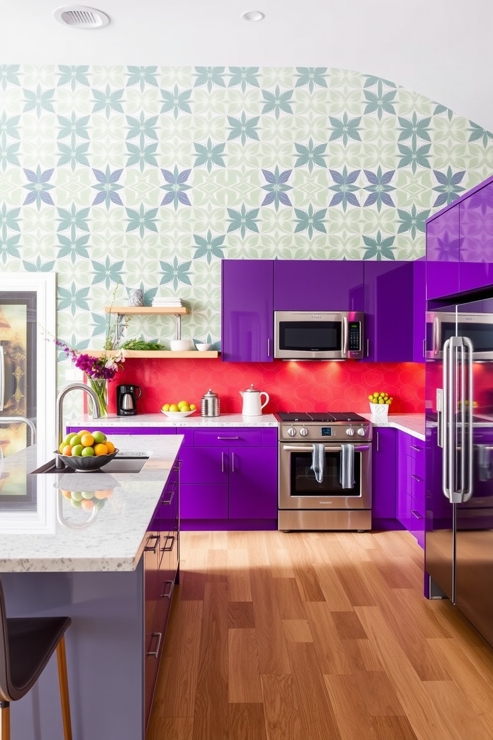 A vibrant kitchen featuring statement wallpaper with a bold geometric pattern. The cabinetry is sleek and modern with a glossy finish, complemented by stainless steel appliances and a large island with bar seating.