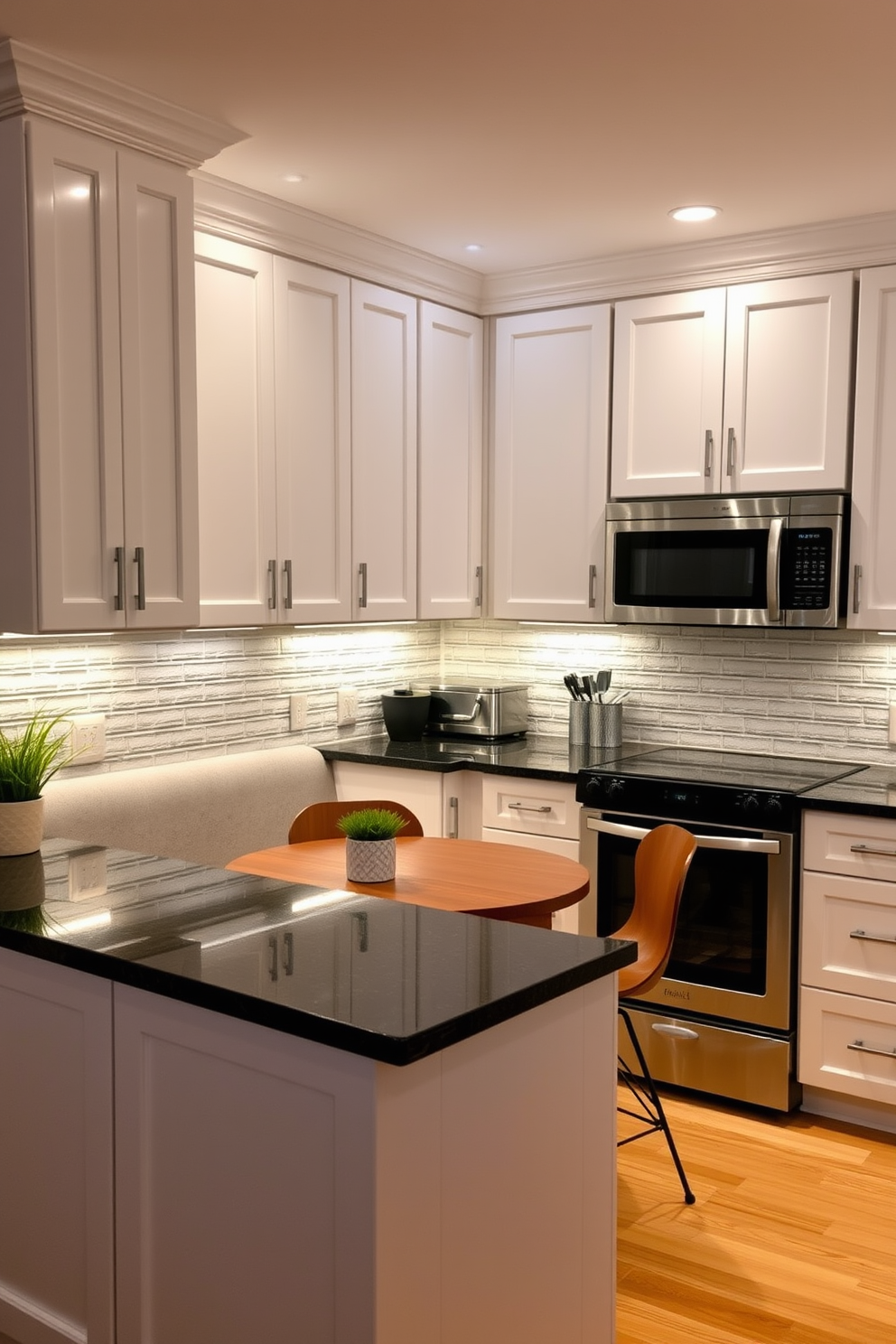 A modern kitchen with under-cabinet lighting that creates a warm and inviting ambiance. The cabinetry is sleek and white, complemented by a dark granite countertop and stainless steel appliances. The soft glow from the under-cabinet lights highlights the textured backsplash made of subway tiles. A cozy breakfast nook with a round wooden table and stylish chairs sits in the corner, enhancing the overall design.