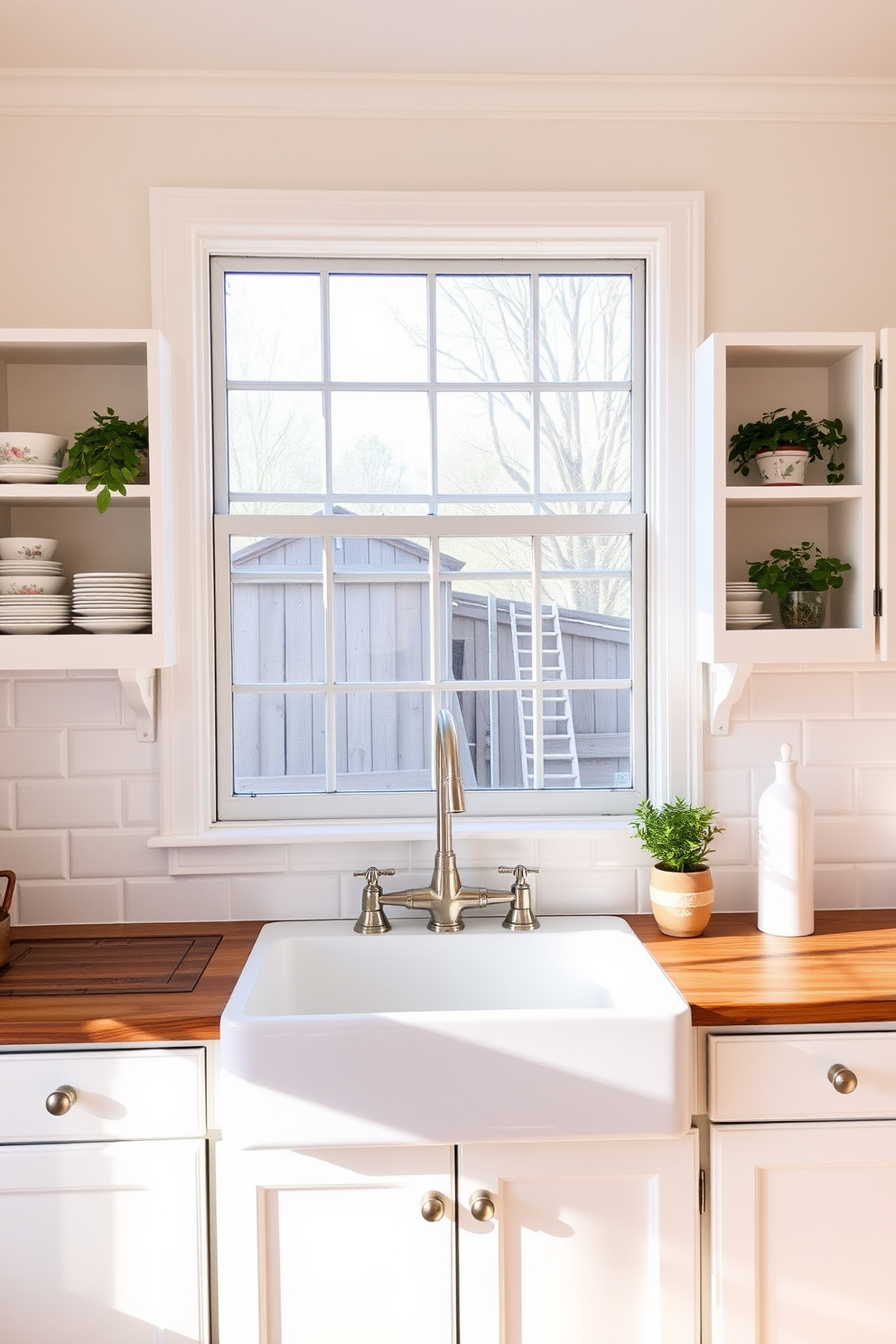 A charming kitchen design featuring a farmhouse sink as the centerpiece. The cabinetry is painted in soft white, complemented by a rustic wooden countertop that adds warmth to the space. Above the sink, a large window allows natural light to flood in, enhancing the inviting atmosphere. Decorative open shelving on either side showcases vintage dishware and potted herbs for a touch of greenery.