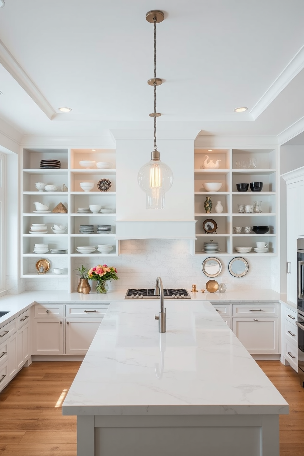 A cozy rustic farmhouse kitchen featuring exposed wooden beams on the ceiling and a large farmhouse sink. The cabinetry is painted in a soft white with distressed finishes, complemented by a wooden island topped with butcher block. A collection of vintage-style pendant lights hangs above the island, illuminating the space. Open shelving displays rustic dishware and mason jars, while a woven rug adds warmth to the wooden floor.