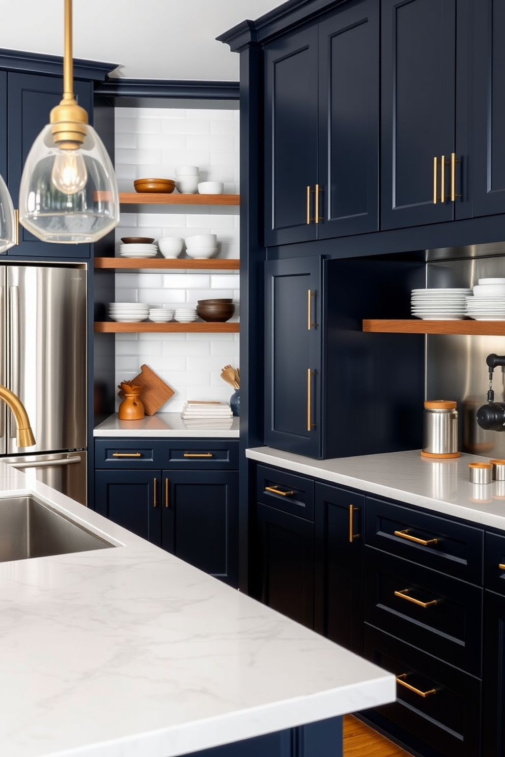 A contemporary kitchen featuring a blend of stainless steel and brass finishes. The cabinetry is painted in a deep navy blue, with brass hardware accentuating the sleek design. The kitchen island showcases a quartz countertop with subtle veining, paired with brass pendant lights overhead. Open shelving displays a mix of ceramic and glassware, adding a touch of warmth to the modern aesthetic.