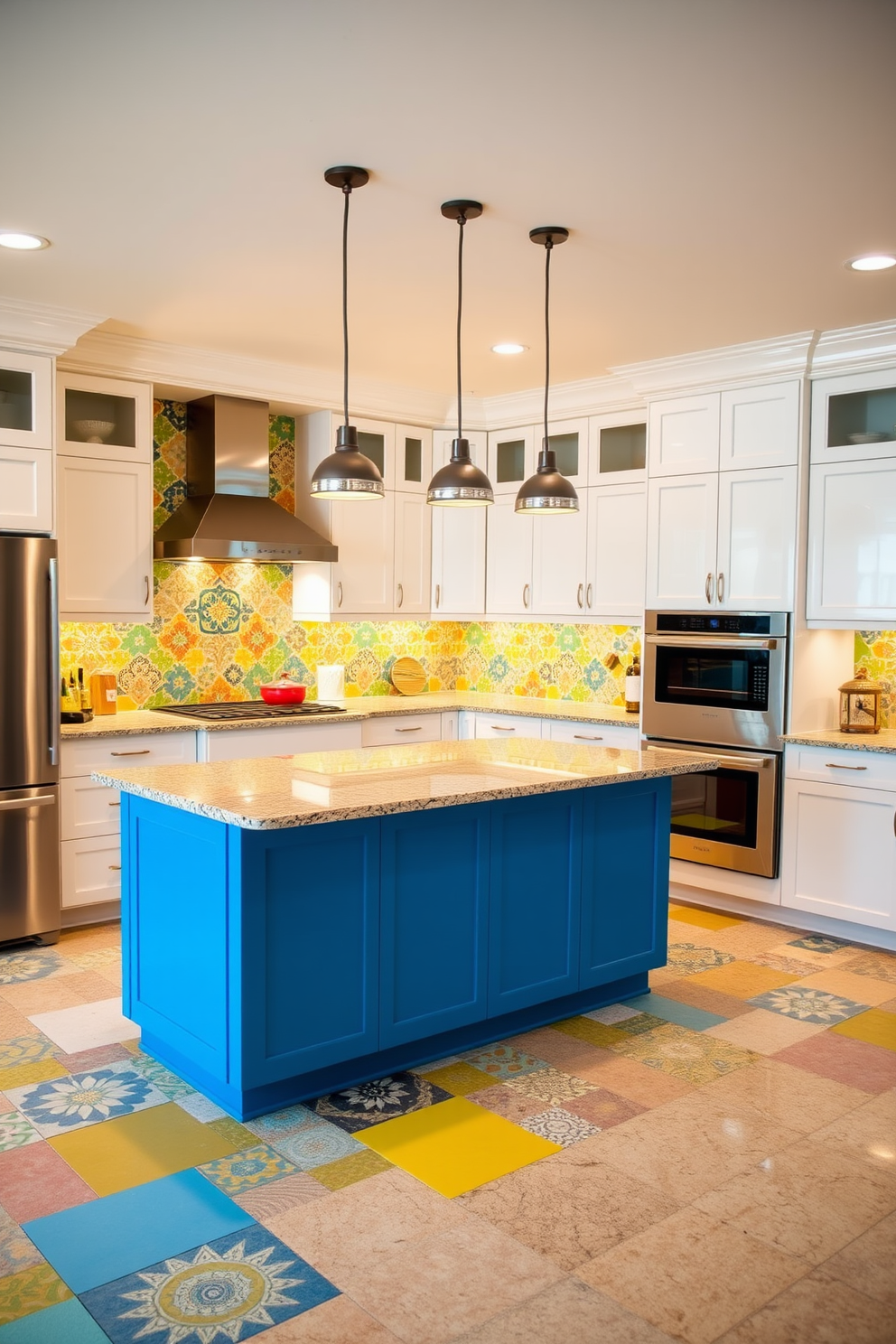 A vibrant kitchen filled with colorful tile patterns that create a lively atmosphere. The backsplash features a mix of geometric designs in bright blues, yellows, and greens, complementing the sleek white cabinetry and modern appliances. A spacious island stands at the center, topped with a polished granite surface that contrasts beautifully with the playful tiles. Pendant lights hang above the island, casting a warm glow over the area and enhancing the cheerful ambiance.