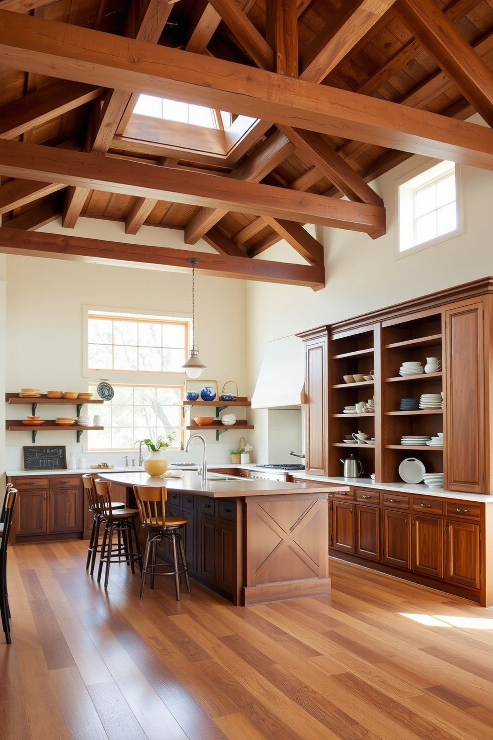 A warm and inviting kitchen with rustic beams spanning the ceiling. The space features a large wooden island with bar stools, surrounded by open shelving displaying colorful dishware. The walls are painted in a soft cream color, complementing the rich tones of the wooden cabinetry. Natural light floods the room through a large window above the farmhouse sink, enhancing the cozy atmosphere.