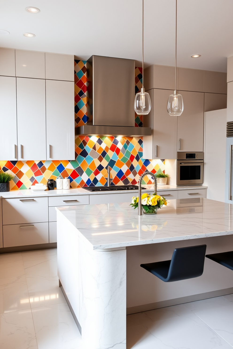 A modern kitchen featuring hidden appliances for a streamlined look. The cabinetry blends seamlessly with the walls, creating a cohesive and uncluttered space. A large central island serves as both a cooking and dining area, topped with a sleek quartz surface. Under-cabinet lighting illuminates the workspace while maintaining a minimalist aesthetic.