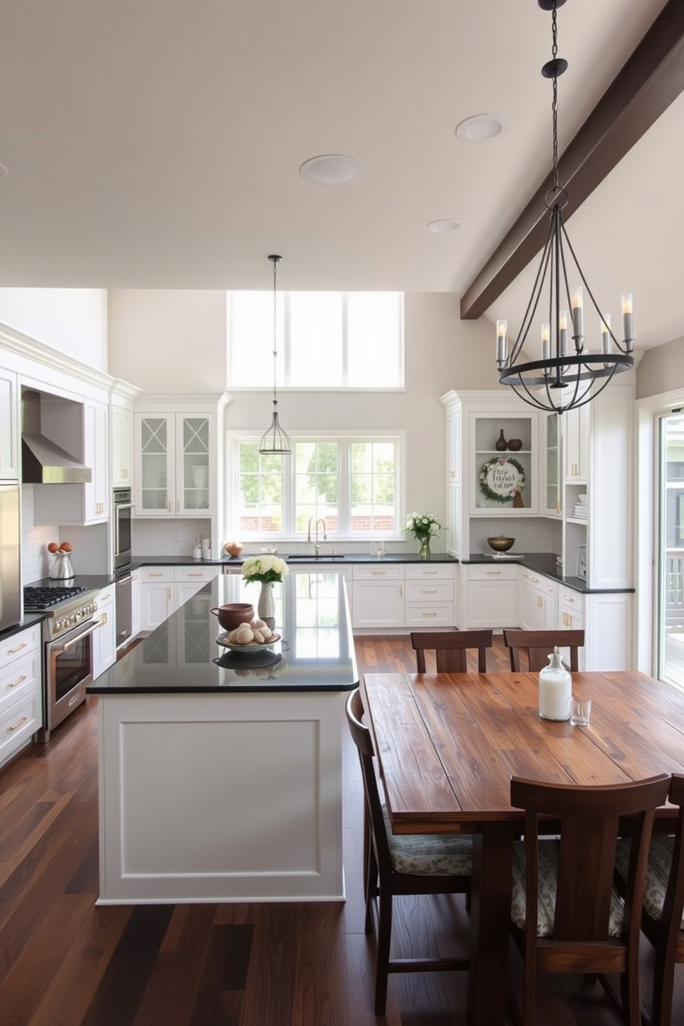 A spacious kitchen featuring large windows that offer scenic views of the surrounding landscape. The design includes a central island with bar seating, sleek cabinetry, and high-end appliances that blend functionality with style.