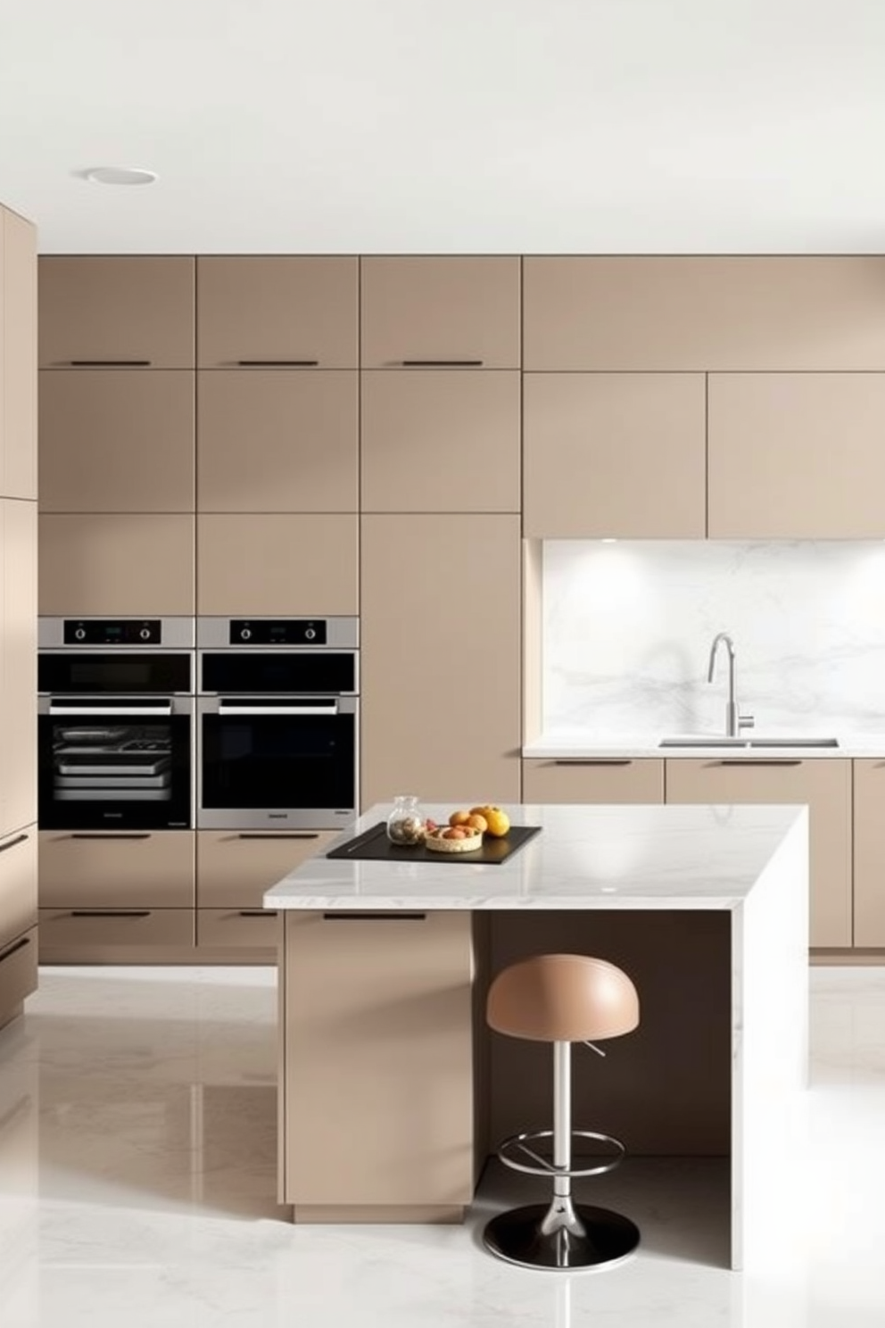 A modern kitchen featuring quartz countertops that blend durability with elegance. The cabinetry is a sleek white with brushed nickel handles, and the backsplash is a glossy subway tile, creating a clean and inviting atmosphere.