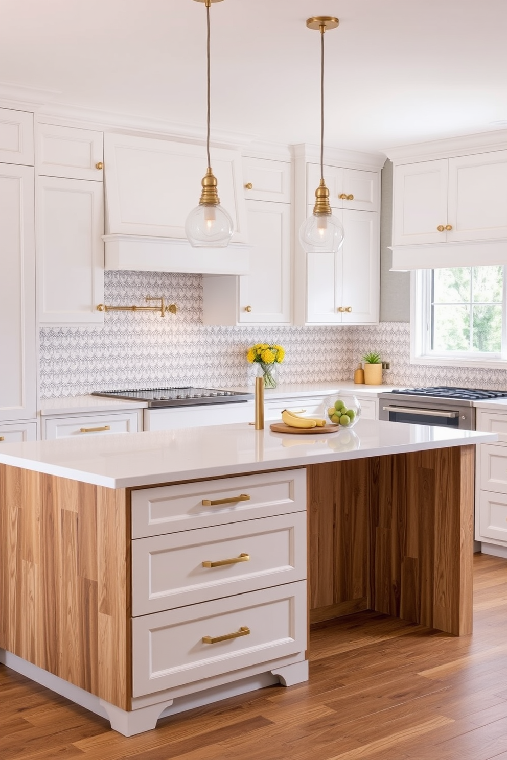 A harmonious kitchen design featuring a cohesive color scheme that blends soft whites and warm wood tones. The cabinetry is a crisp white with brass handles, complemented by a natural wood island topped with a light quartz surface. The backsplash showcases a subtle patterned tile in soft greys and whites, tying the entire space together. Pendant lights with a warm glow hang above the island, creating an inviting atmosphere for cooking and gathering.