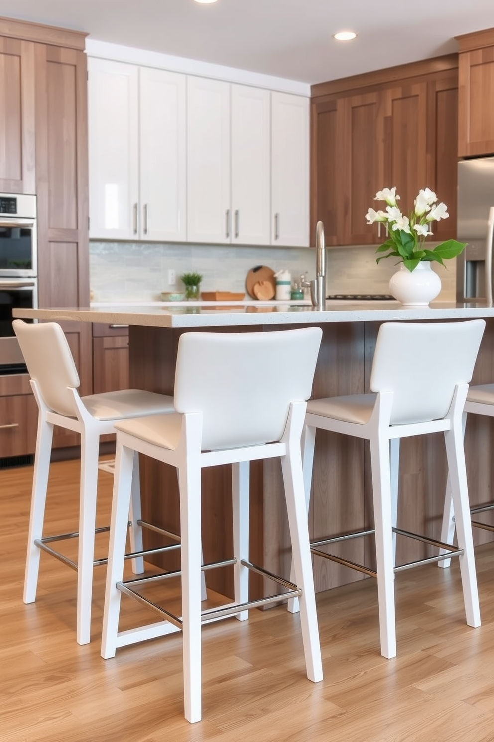 Sleek bar stools with a minimalist design are arranged around a contemporary kitchen island. The stools feature clean lines and are upholstered in a soft, neutral fabric, complementing the sleek cabinetry and stainless steel appliances.