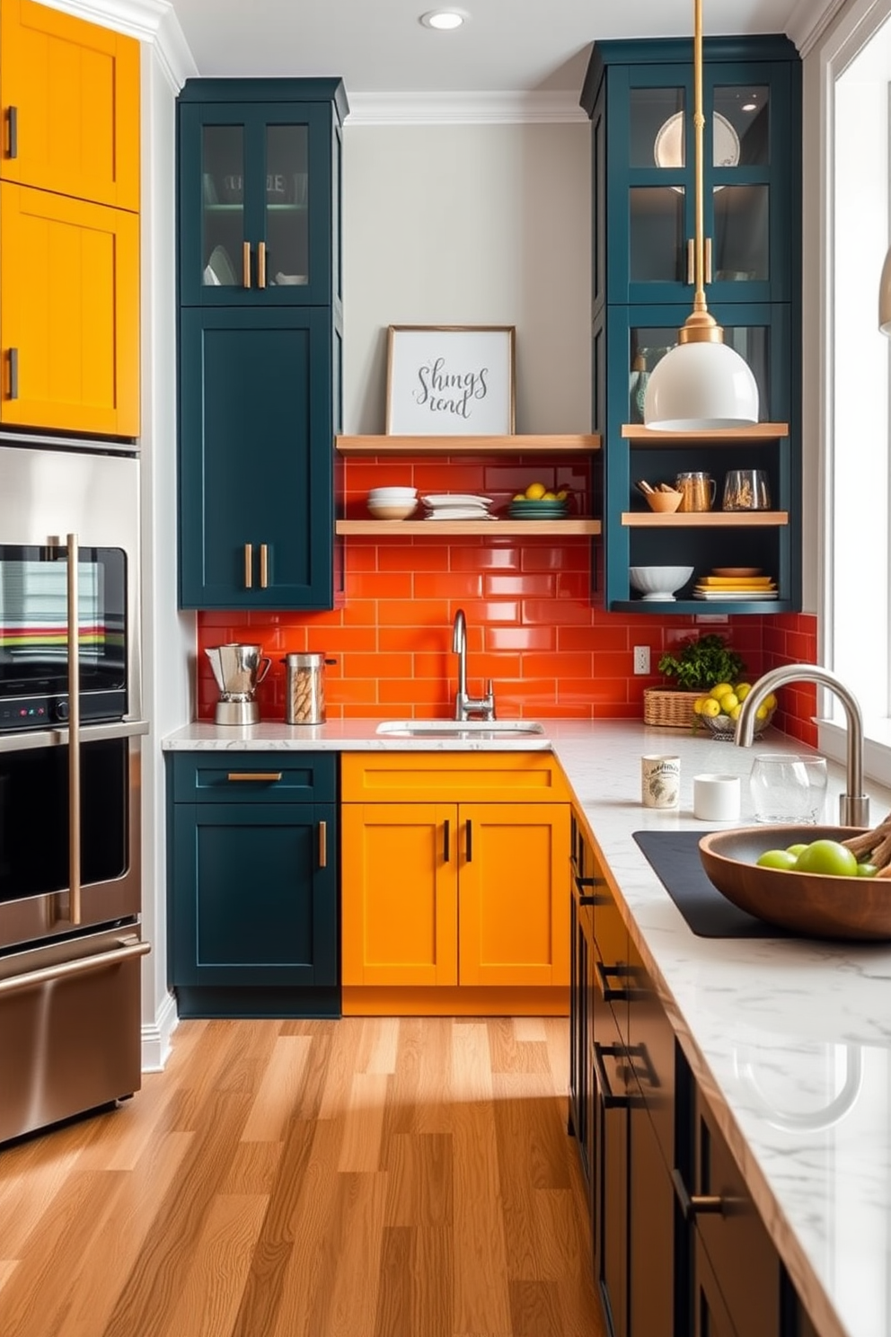 Bold colored cabinets create a striking focal point in a modern kitchen. The cabinetry is complemented by sleek stainless steel appliances and a spacious marble island that invites entertaining. Brightly colored backsplashes add vibrancy and character to the space. Warm wooden accents and open shelving provide a cozy contrast, enhancing the kitchen's overall aesthetic.