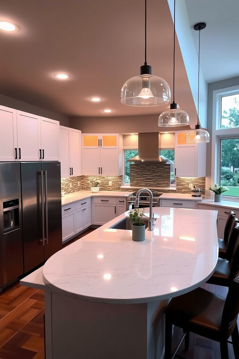 Layered lighting illuminates the kitchen with a combination of pendant lights, recessed lighting, and under-cabinet fixtures. The warm glow enhances the sleek cabinetry and the spacious island, creating an inviting atmosphere for cooking and entertaining. The kitchen features a modern design with a large island topped with quartz, surrounded by high-backed stools. Natural light floods in through large windows, highlighting the beautiful backsplash and stainless steel appliances.