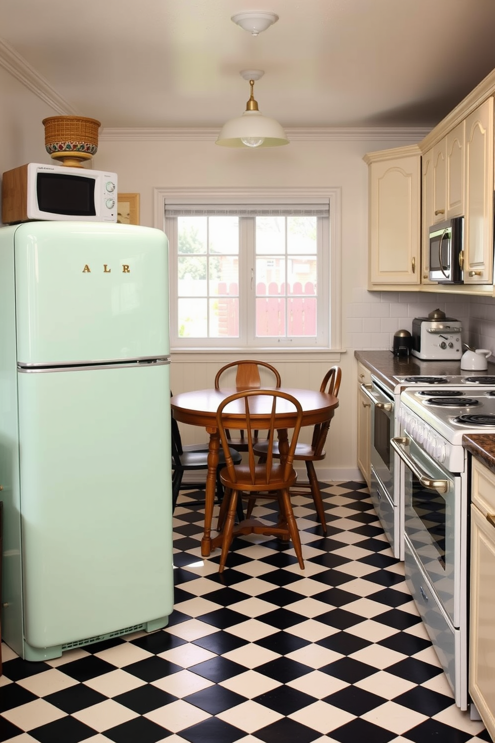 A charming kitchen featuring vintage appliances that evoke a retro vibe. The refrigerator is a classic pastel color, complemented by a matching stove and microwave, all with rounded edges and chrome accents. The cabinetry is painted in a soft cream shade, adorned with antique brass hardware. A checkered black and white tile floor adds to the nostalgic feel, while a wooden dining table sits in the center, surrounded by mismatched chairs.