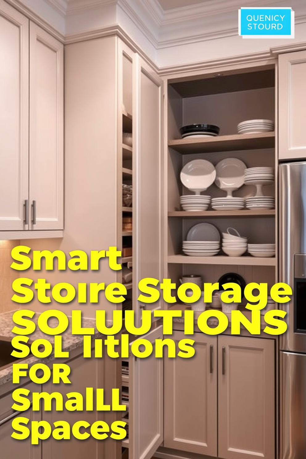 Smart storage solutions for small spaces. The kitchen features built-in cabinets that extend to the ceiling, maximizing vertical space while keeping the area organized. A pull-out pantry is integrated into the cabinetry, allowing easy access to dry goods. Open shelving is used to display stylish dishware, adding a decorative touch while maintaining functionality.