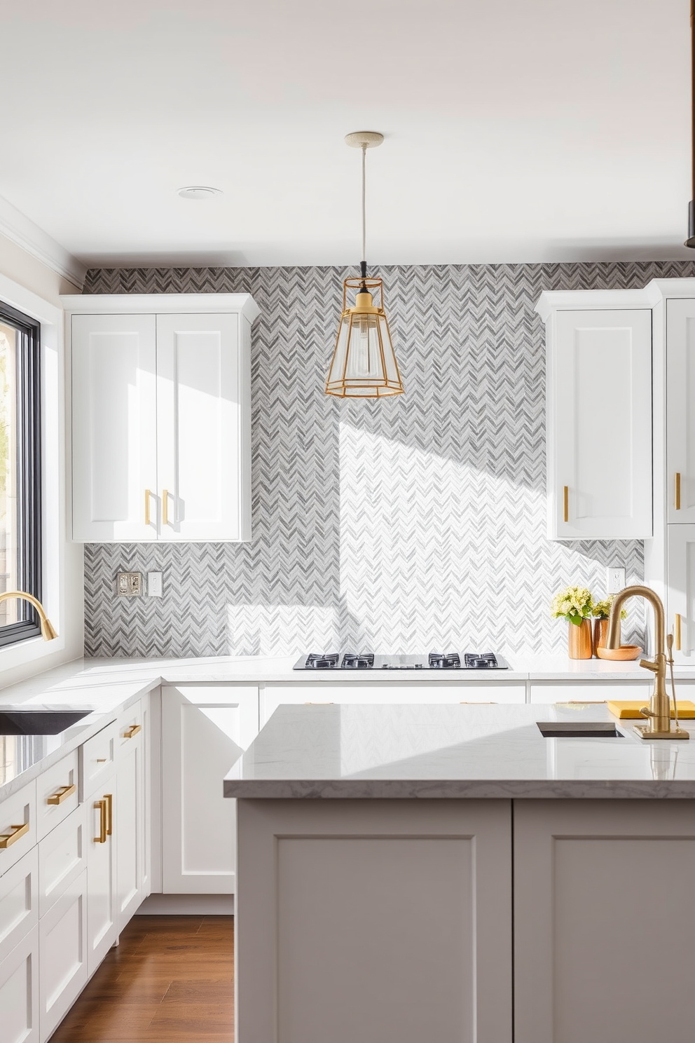 A bright white kitchen filled with natural light. The space features sleek white cabinetry, a large island with a marble countertop, and stainless steel appliances. Sunlight streams through large windows, illuminating the open layout. A cozy breakfast nook with a round table and modern chairs adds a touch of warmth to the design.