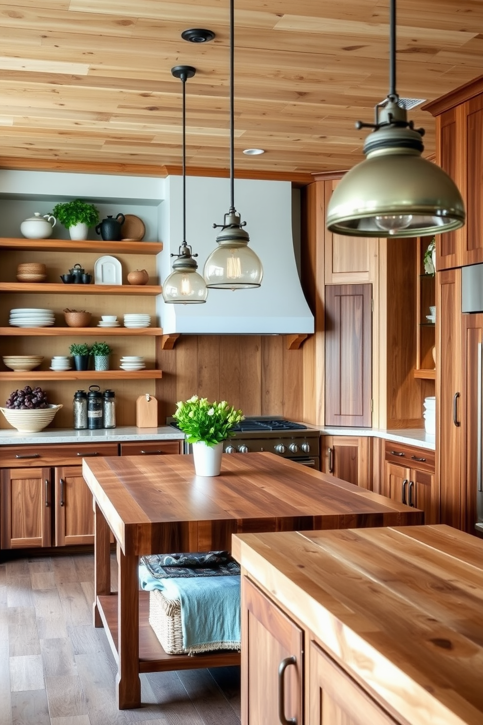 A welcoming kitchen space featuring natural wood finishes that create a warm and inviting atmosphere. The cabinetry is crafted from rich walnut, complemented by open shelving displaying rustic dishware and plants. A large island with a butcher block top serves as both a functional workspace and a gathering spot. Pendant lights with a vintage design hang above the island, casting a soft glow over the room.