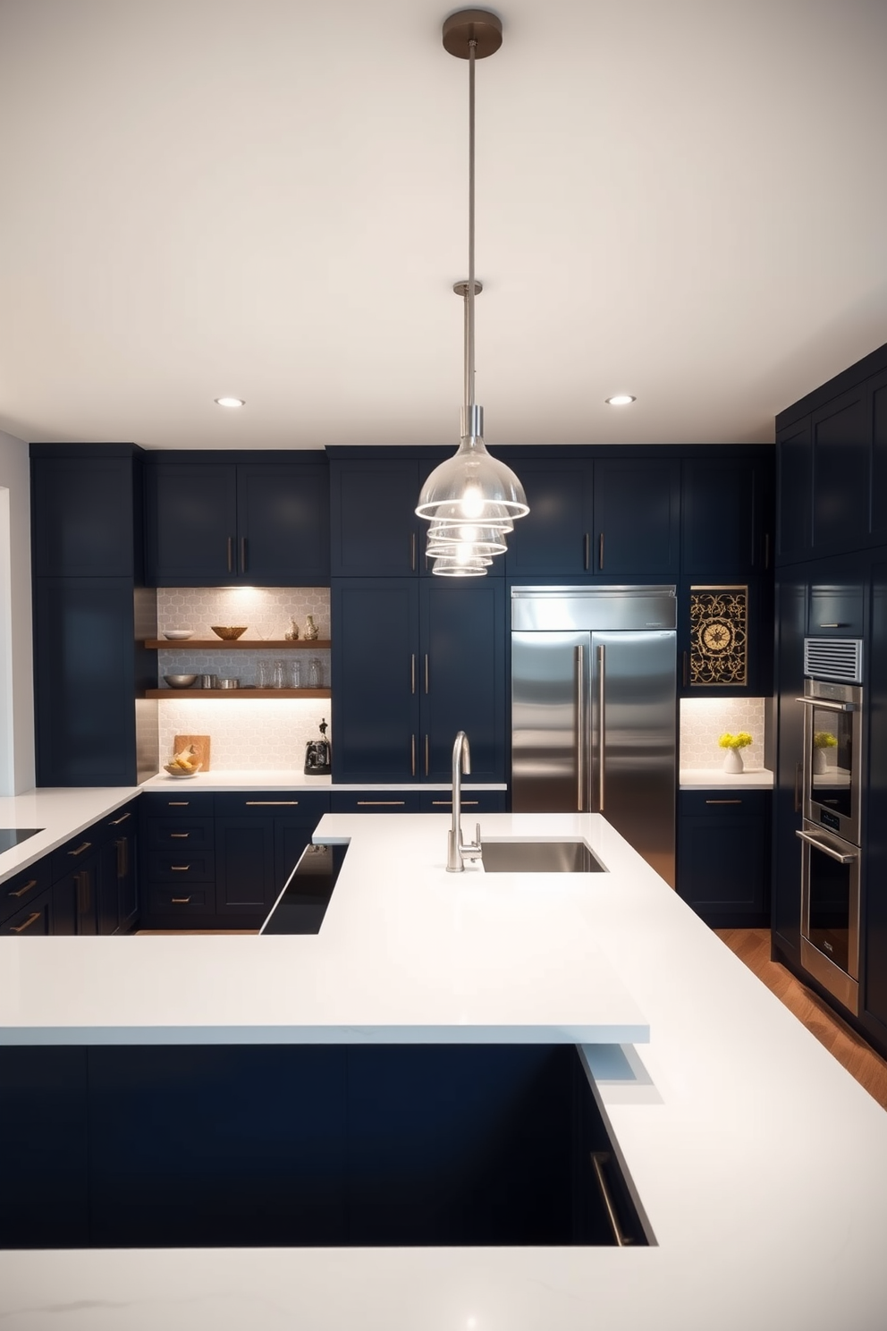 A modern kitchen featuring a large central island with sleek white countertops. Above the island, there are three bright pendant lights with a contemporary design, casting a warm glow over the space. The cabinetry is a rich navy blue, providing a striking contrast to the light countertops. Stainless steel appliances are seamlessly integrated into the design, enhancing the kitchen's functionality and style.