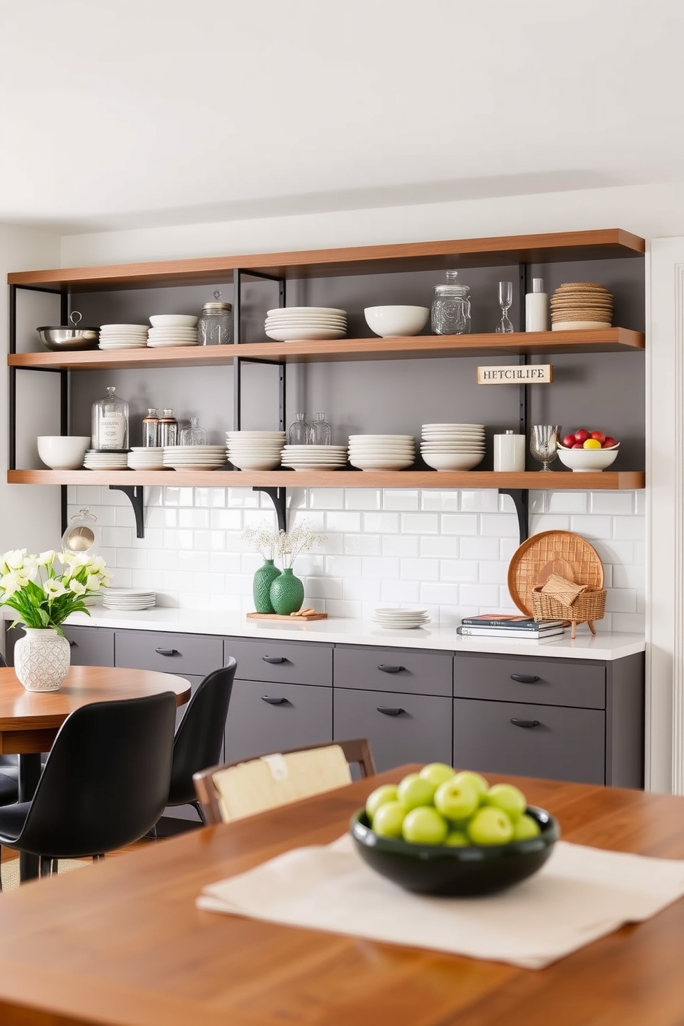 Open shelving creates a functional and inviting kitchen dining room combo. The shelves are filled with neatly arranged dishware and decorative items, enhancing the overall aesthetic while providing easy access to essentials.