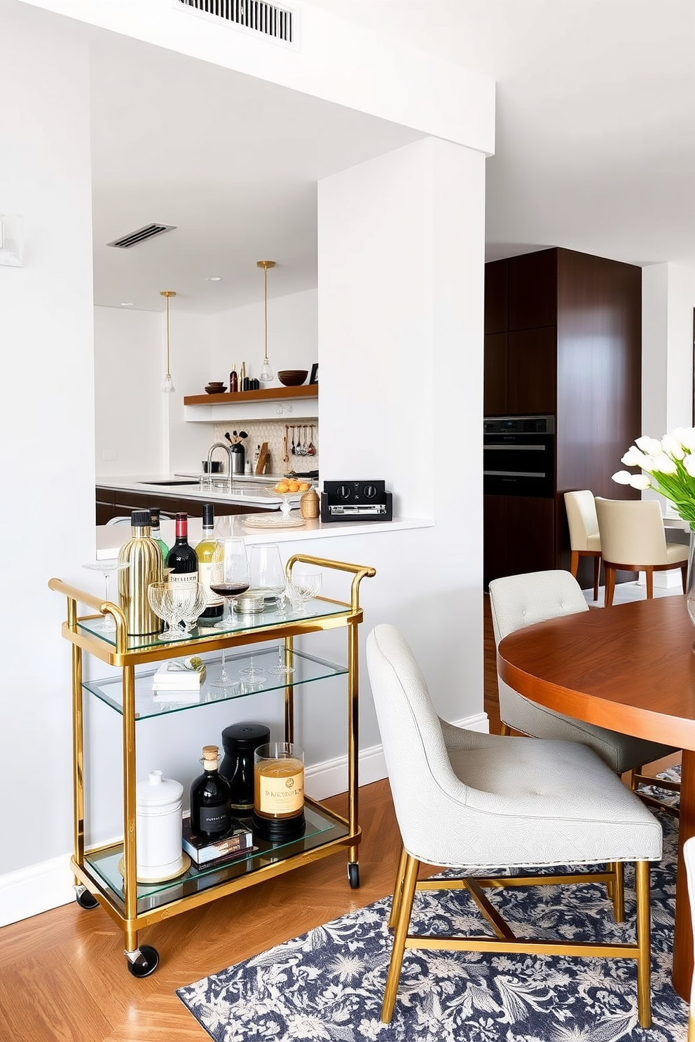 A sleek bar cart is positioned against a wall, featuring a polished gold frame and glass shelves. It is adorned with an assortment of elegant glassware, a cocktail shaker, and a selection of premium spirits. The kitchen and dining room are seamlessly integrated, showcasing a modern open layout. A large wooden dining table with upholstered chairs sits adjacent to a contemporary kitchen island with stylish bar stools.