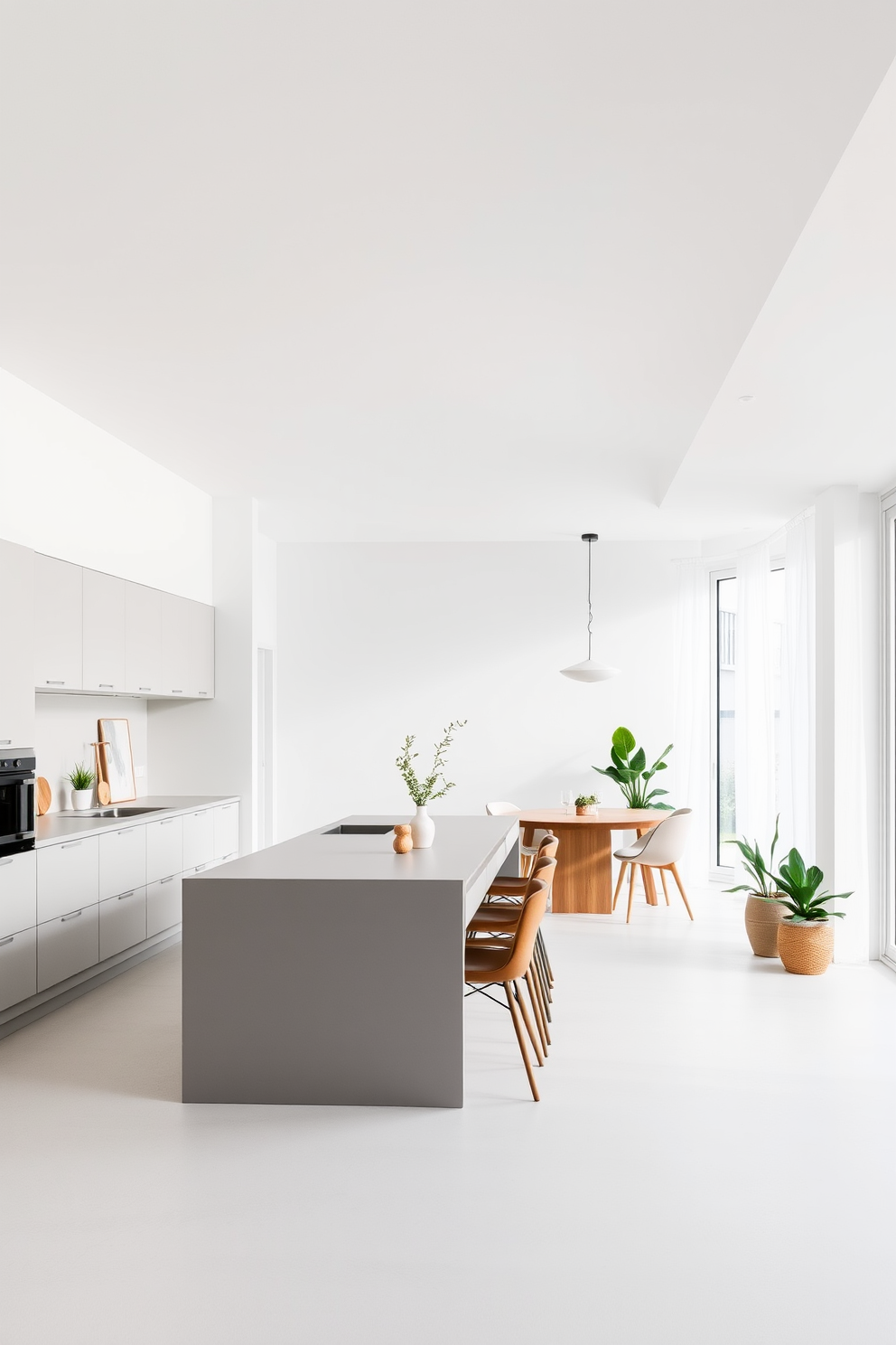 A bright and airy kitchen dining room combo features a sleek glass table surrounded by modern chairs. Natural light floods the space through large windows, highlighting the minimalist decor and fresh greenery.