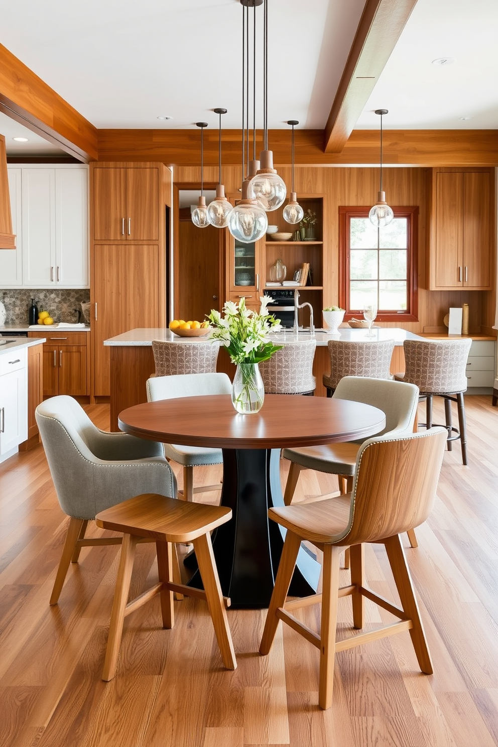 A round table is positioned at the center of the kitchen dining room combo, surrounded by a mix of upholstered chairs and sleek wooden stools for a flexible seating arrangement. The space features warm wood accents, with pendant lights hanging above the table, creating an inviting atmosphere for family gatherings and casual dining.