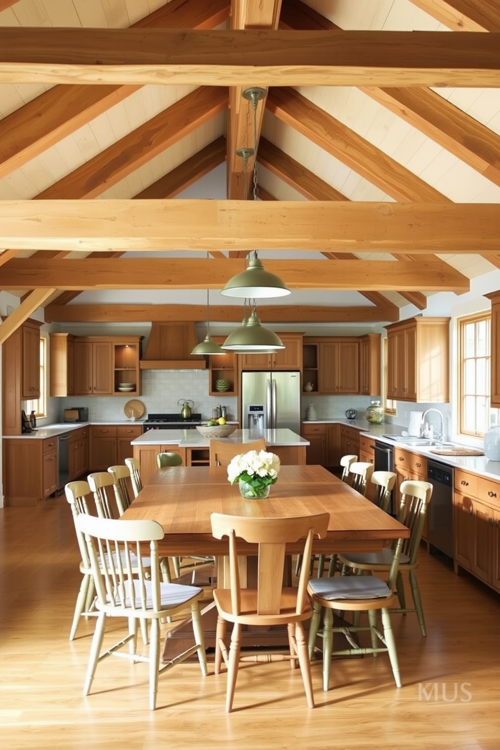 A cozy kitchen dining room combo featuring exposed wooden beams that create a warm ambiance. The space includes a large farmhouse table surrounded by mismatched chairs, with soft pendant lighting hanging above.