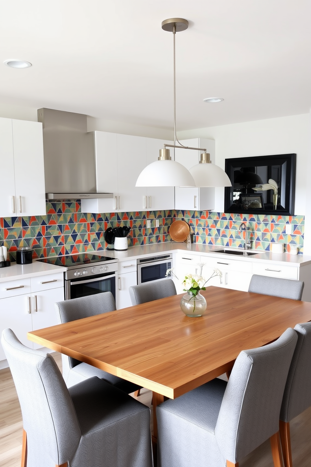 A modern kitchen dining room combo featuring a bold backsplash that serves as the focal point. The backsplash is adorned with vibrant geometric tiles that contrast beautifully with the sleek white cabinetry and stainless steel appliances. The dining area includes a large wooden table surrounded by stylish upholstered chairs. Soft pendant lighting hangs above the table, creating an inviting atmosphere for family gatherings and entertaining guests.