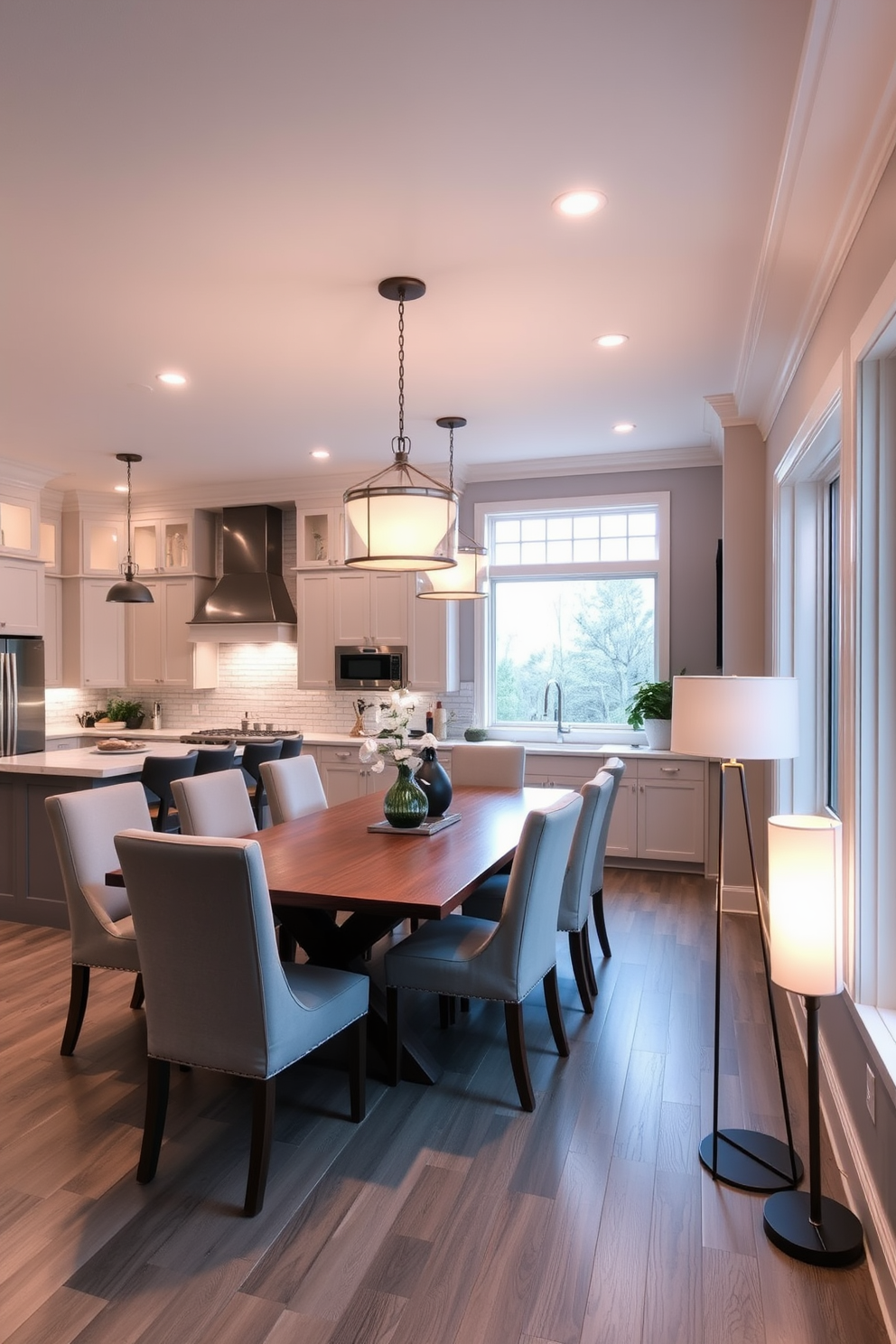 Light wood cabinetry creates a warm and inviting atmosphere in the kitchen dining room combo. The space features an open layout with a large dining table surrounded by comfortable upholstered chairs, complemented by pendant lighting that adds a touch of elegance.